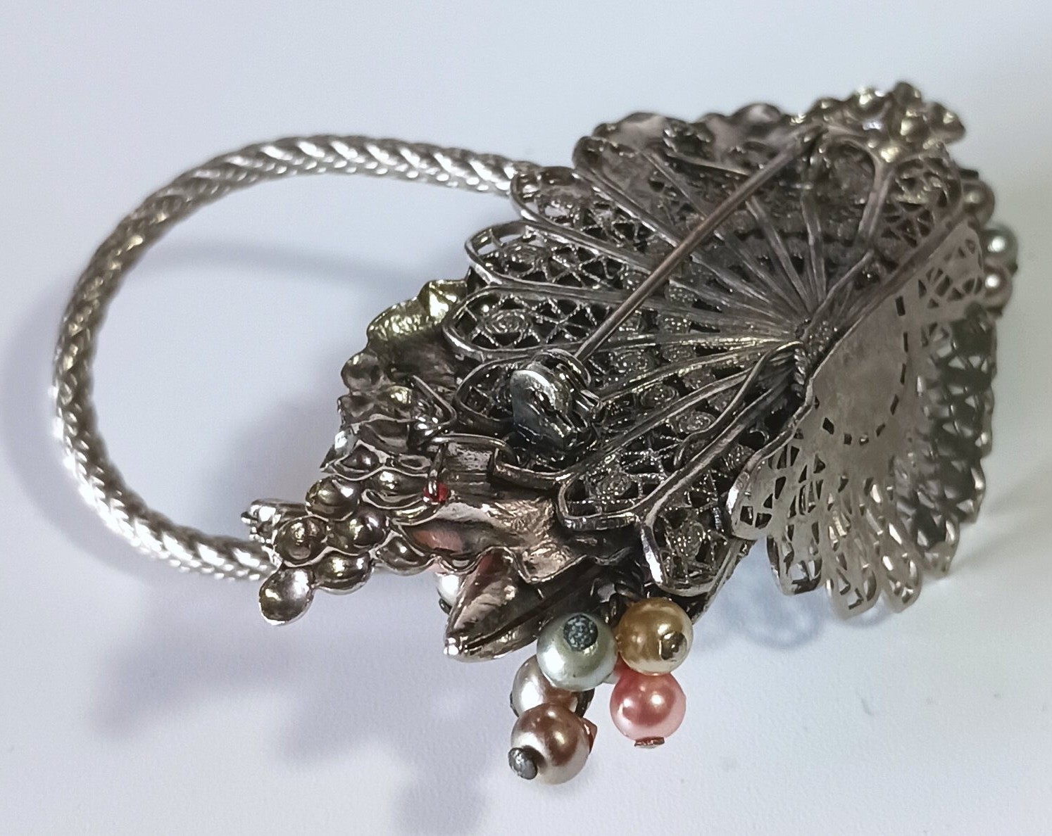 Unusual Ornate Silver-tone Vintage Harvest Veggie & Fruit Basket Brooch