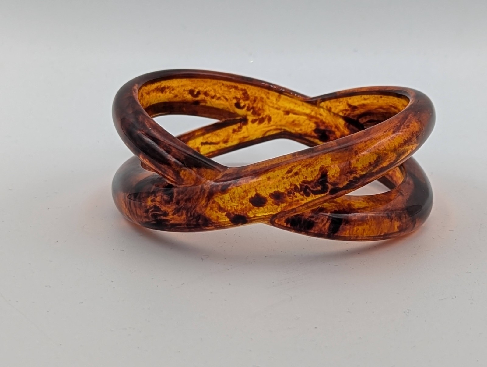 Vintage Root Beer Lucite Bangle Bracelet Sculptural Criss Cross Acrylic MCM