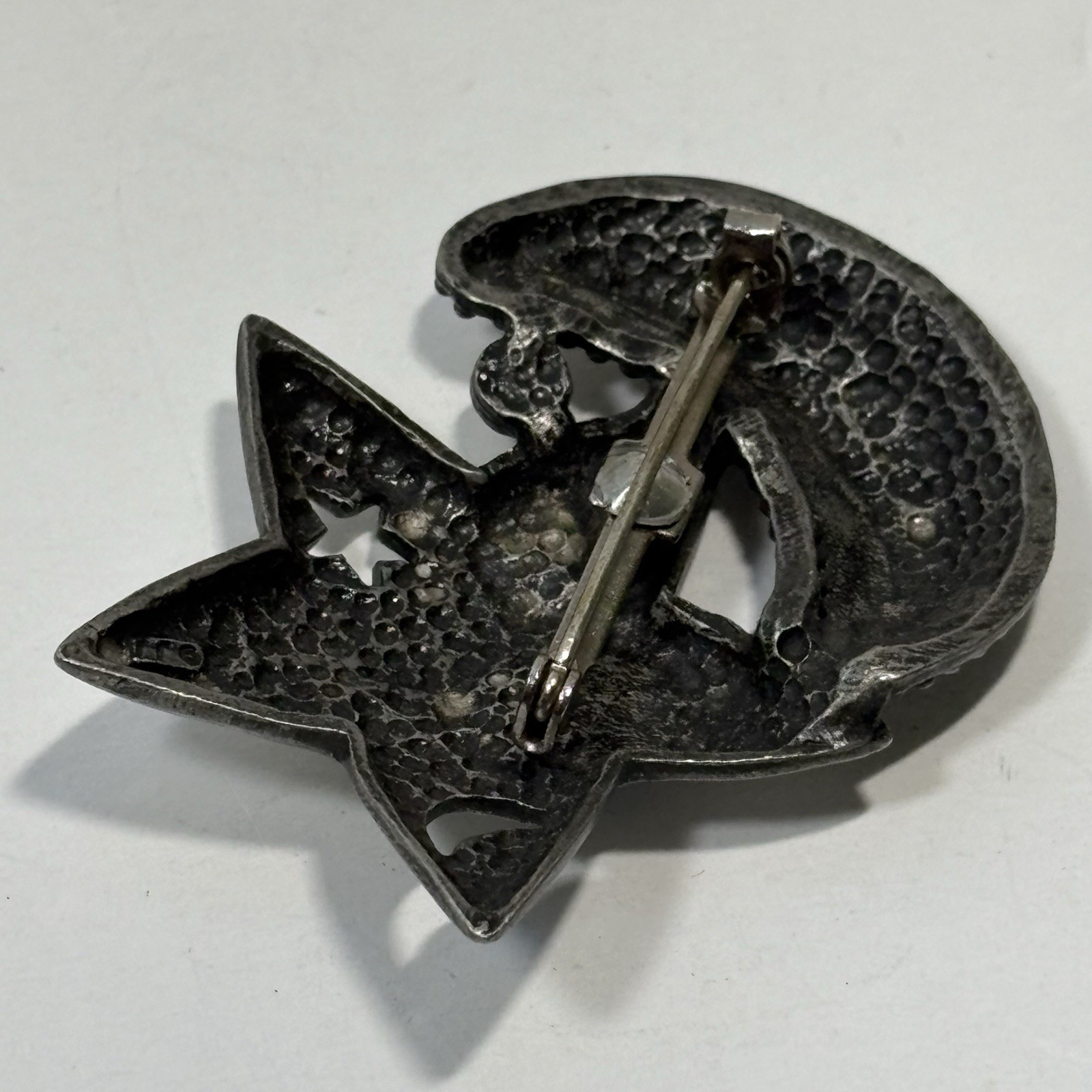 Vintage J.J Jonette Pewter Star Crescent Moon Pin Crystals Pierced Celestial 2″