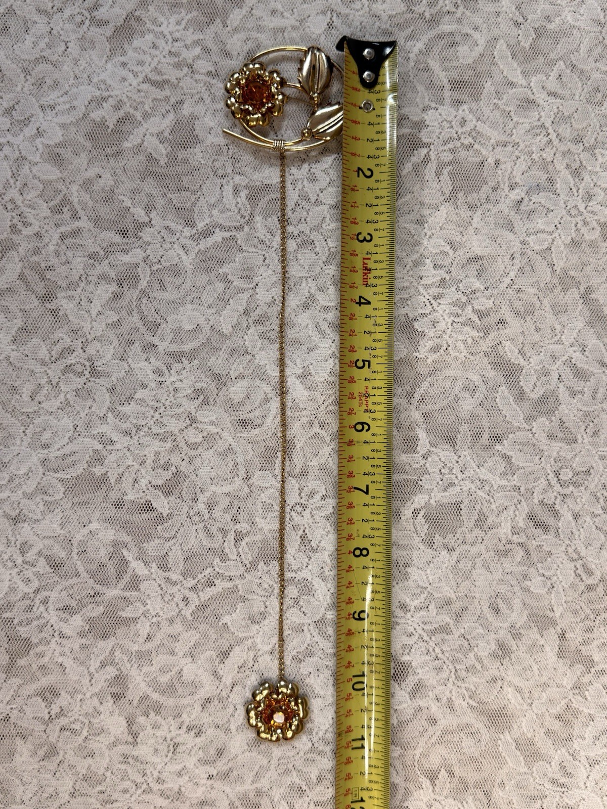 Vintage Linc 12k Gold Filled Double Flower W/ Orange Amber Stone Brooch Pin
