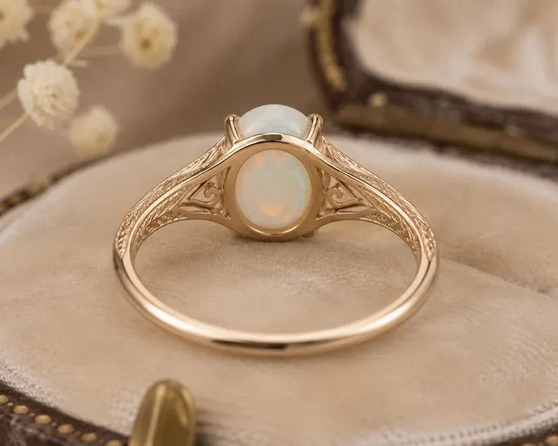 Natural Ethiopian Opal Ring Vintage Engraved Ring 925 Sterling Silver Oval Opal