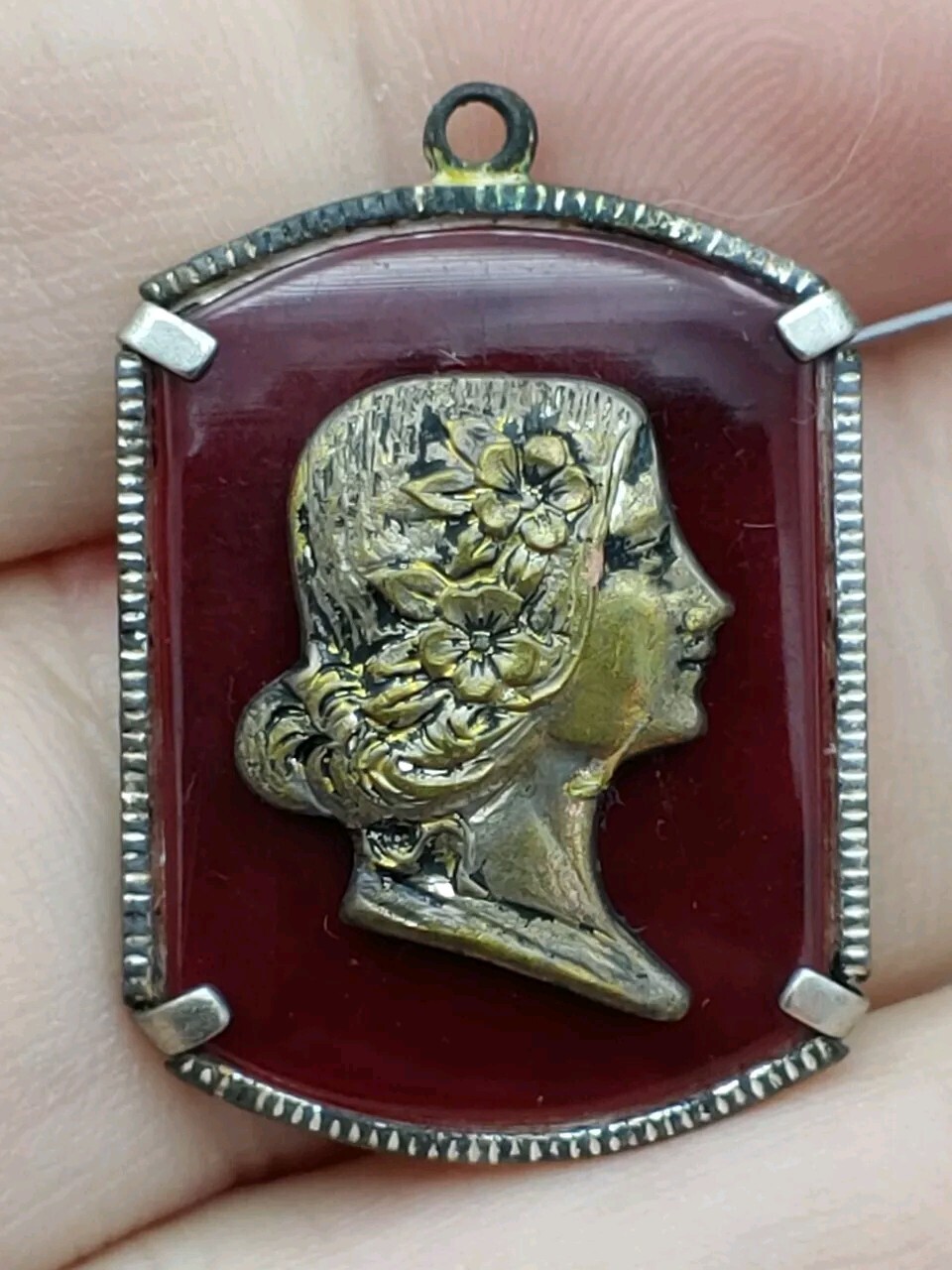 Gold Portrait Cameo Pendant Rectangle Oval Red Medium Size Circa 1920’s Gorgeous