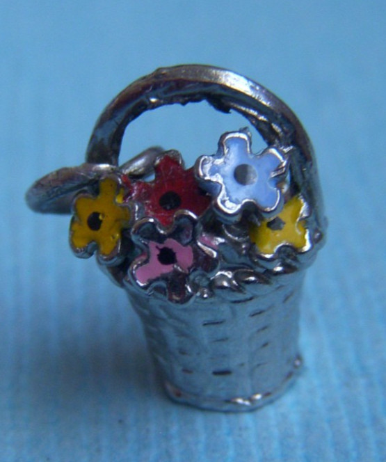 Vintage enamel flower basket sterling charm