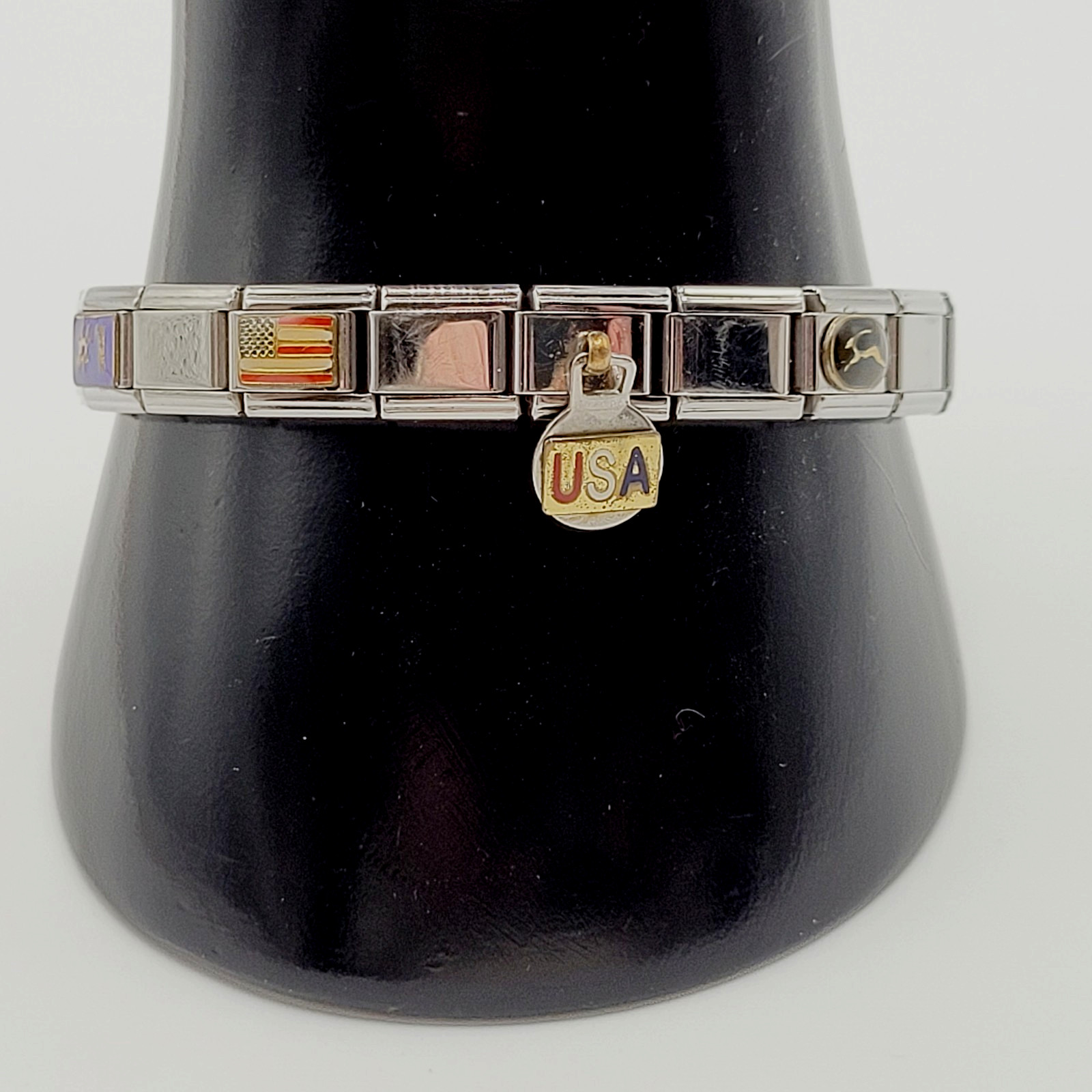 Vintage Italian Style Modular Stainless Steel Charm Bracelet w Mom USA Flag Dog