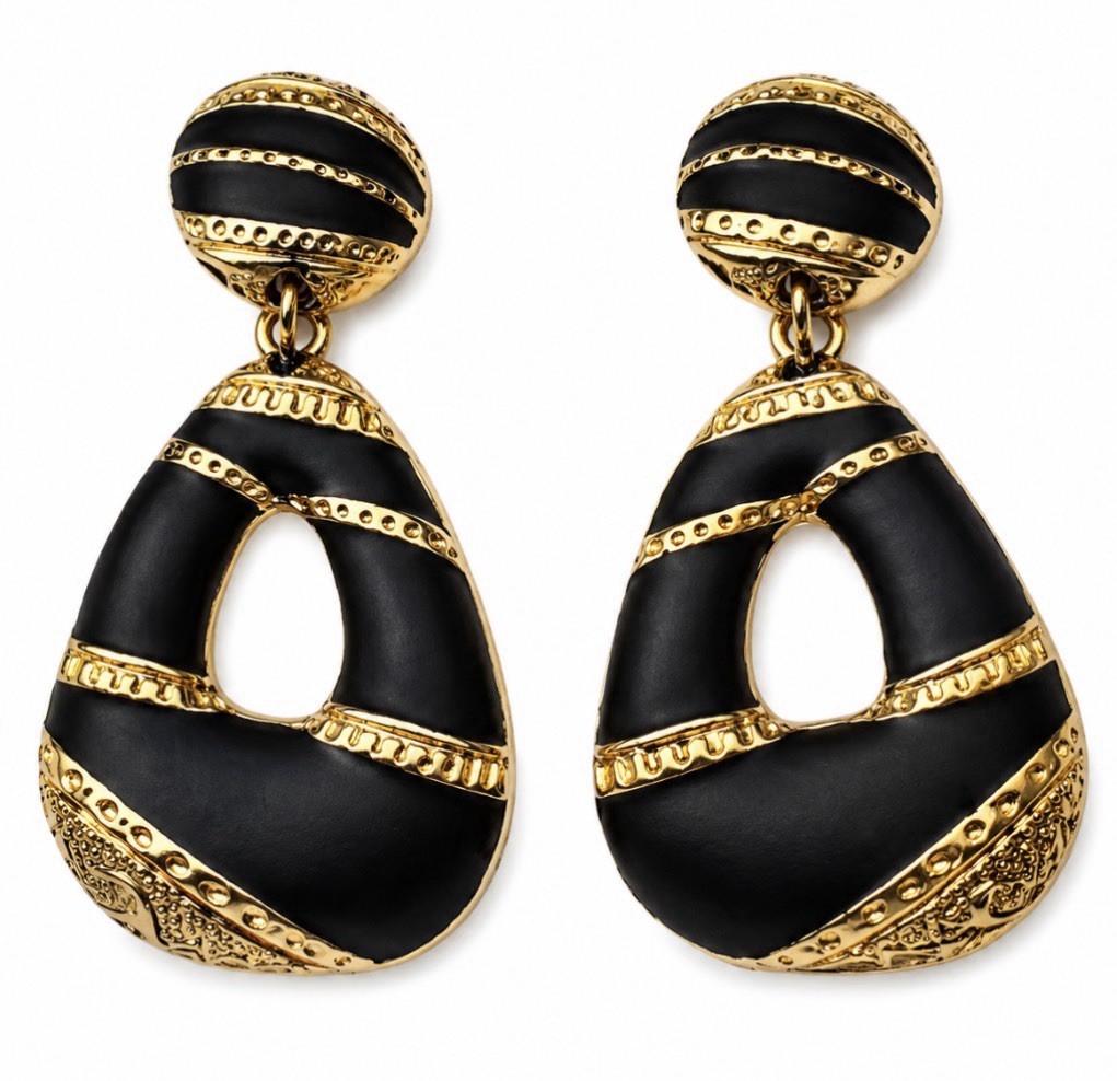Vintage Edgar Berebi Black Gold Door Knocker Earrings Clip On Statement