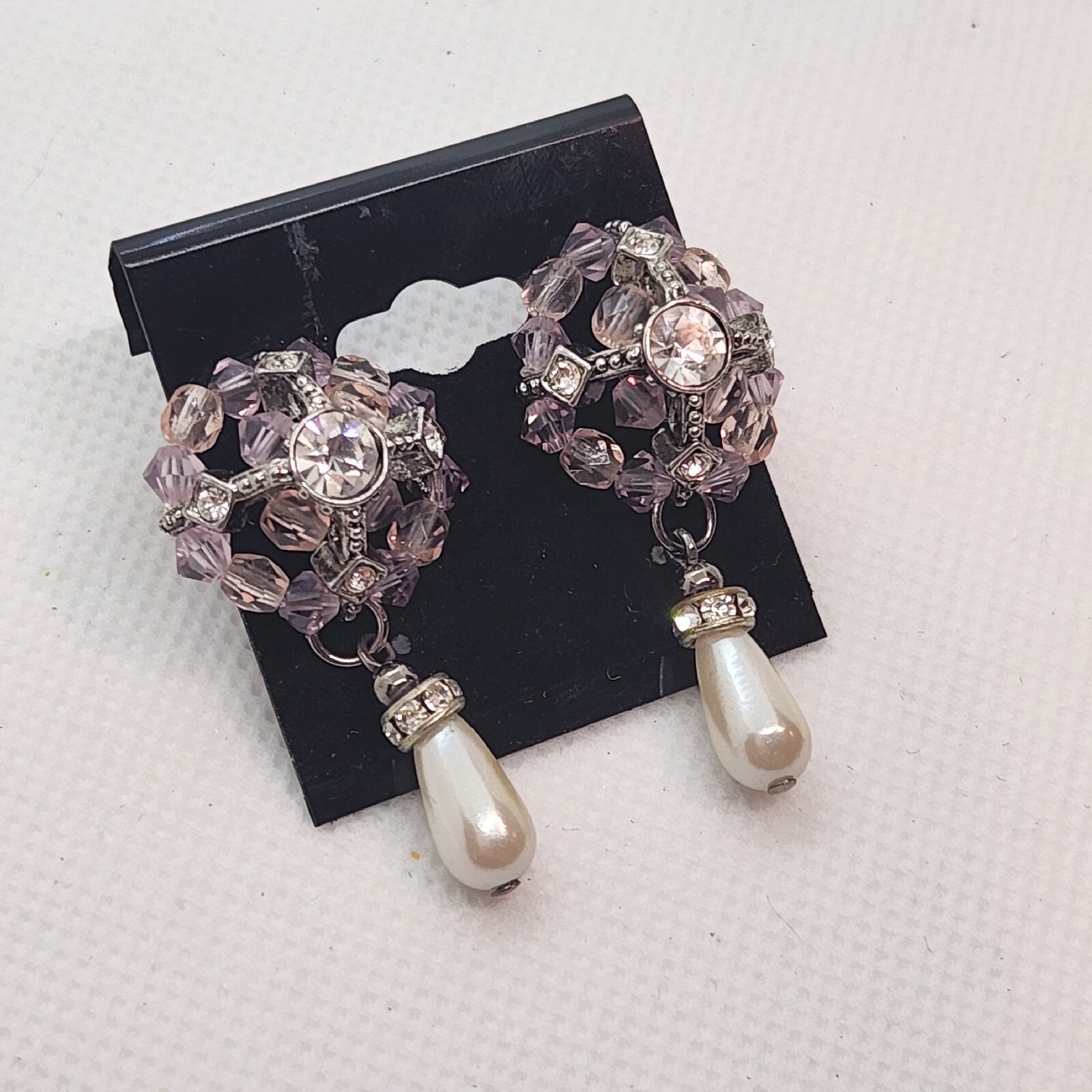 Purple Beadwork Rhinestone And Faux Pearl Dangle Earrings