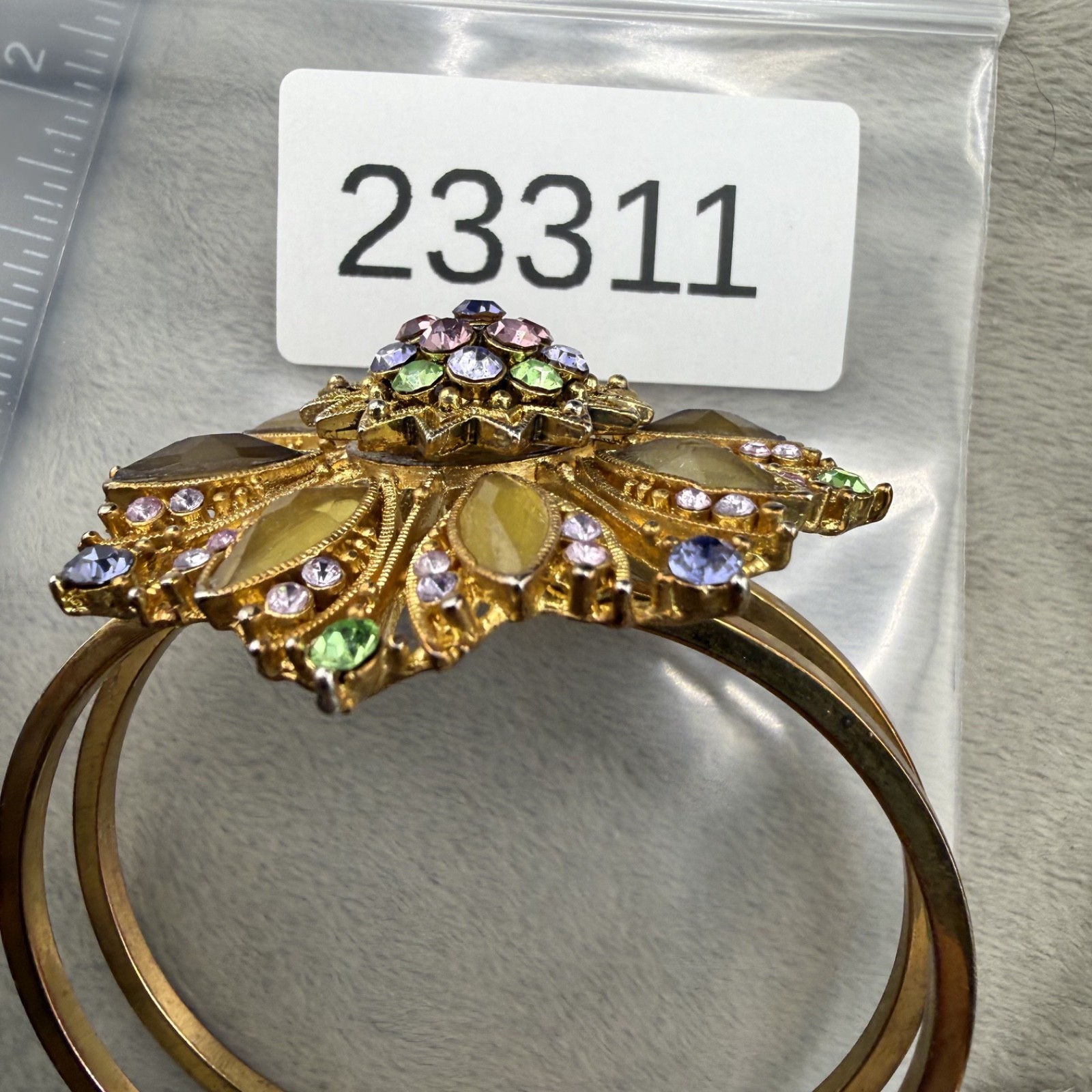 Vintage Rhinestone Hinged Bangle Flower Gold Tone Spring 6”