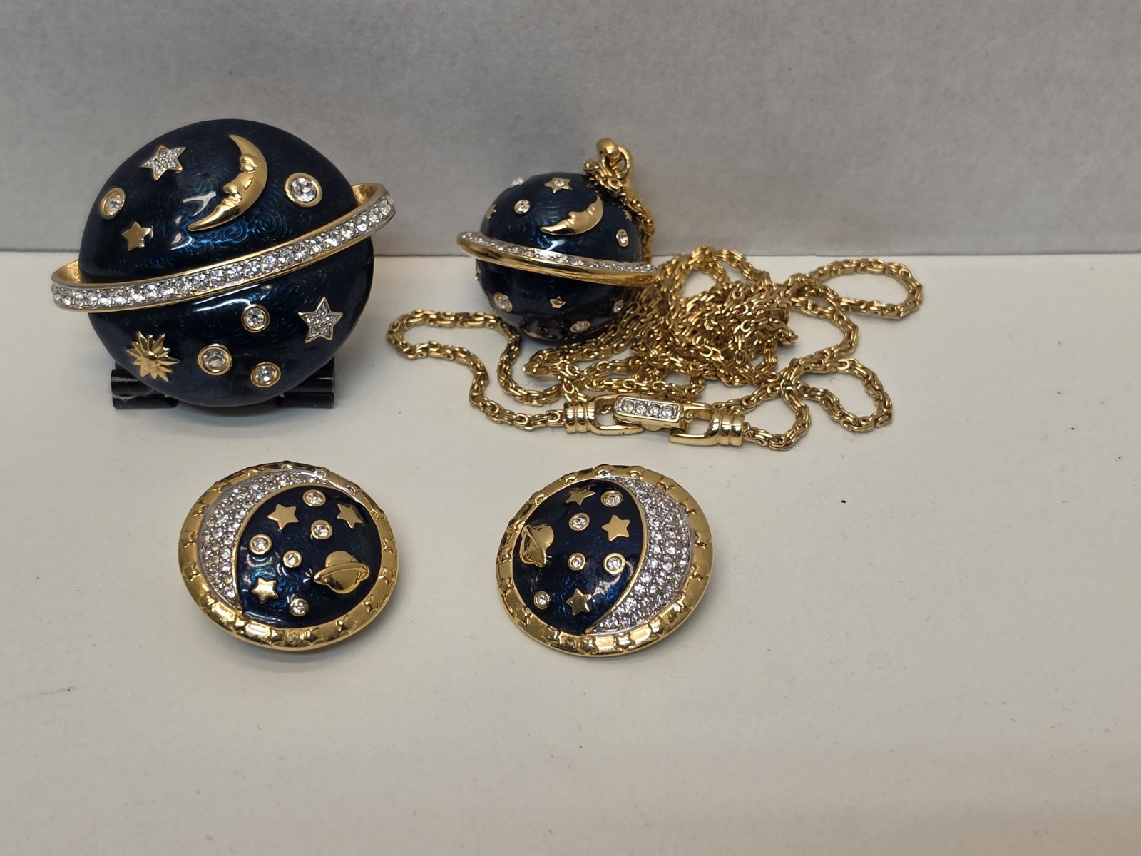 1980s Swarovski Celestial 4 Pc Set Necklace Brooch Earrings Star Moon Saturn HTF