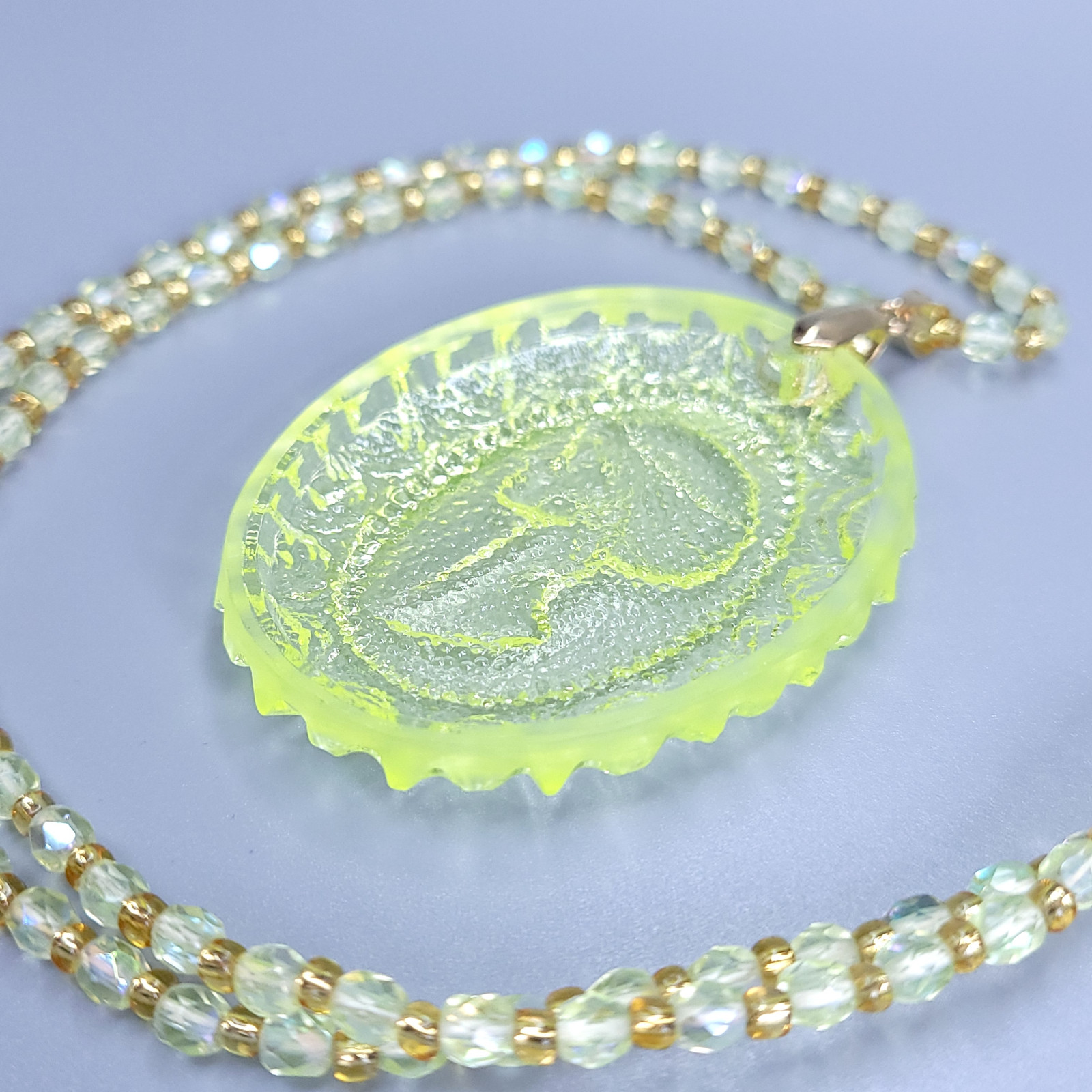Uranium Glass Necklace 23” Cameo Pendant Vaseline Yellow Czech Beads
