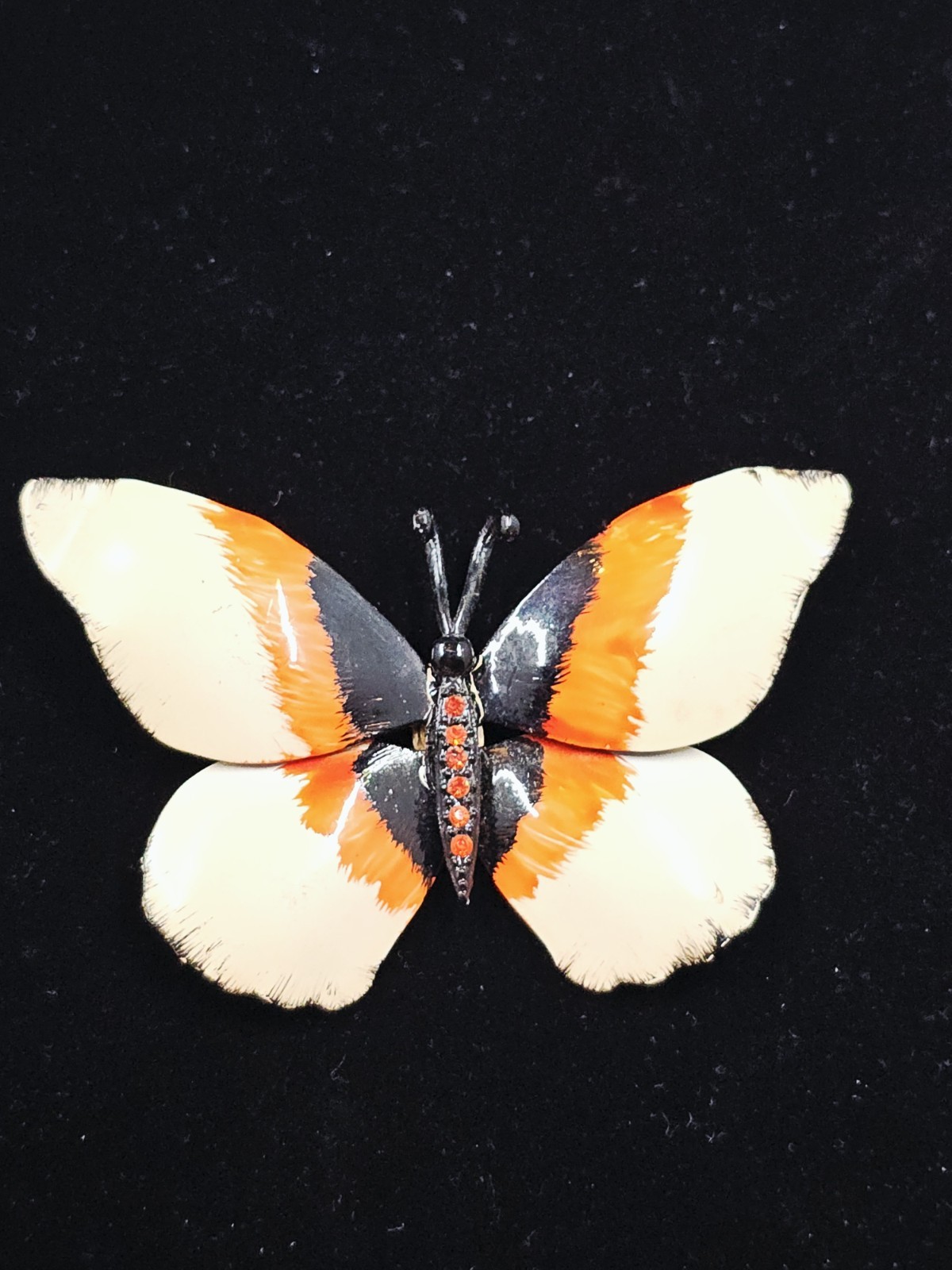 VTG Cream Orange & Black Enamel & Rhinestone Butterfly Brooch, 3.5″ X 2.25″‘