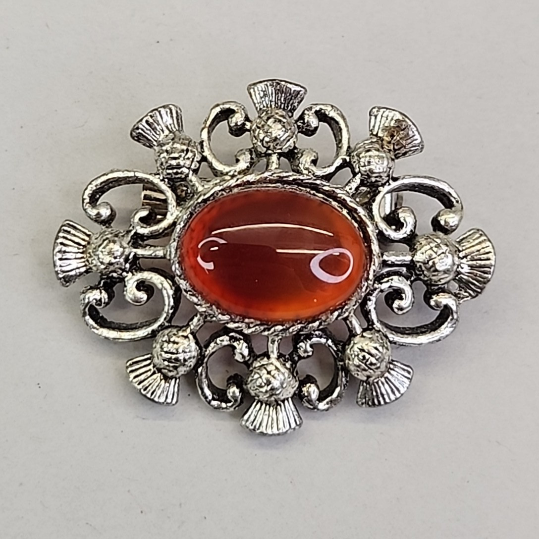 Vintage Carnelian Brooch Orange Stone Silver Tone Scrollwork Oval 1 5/8″