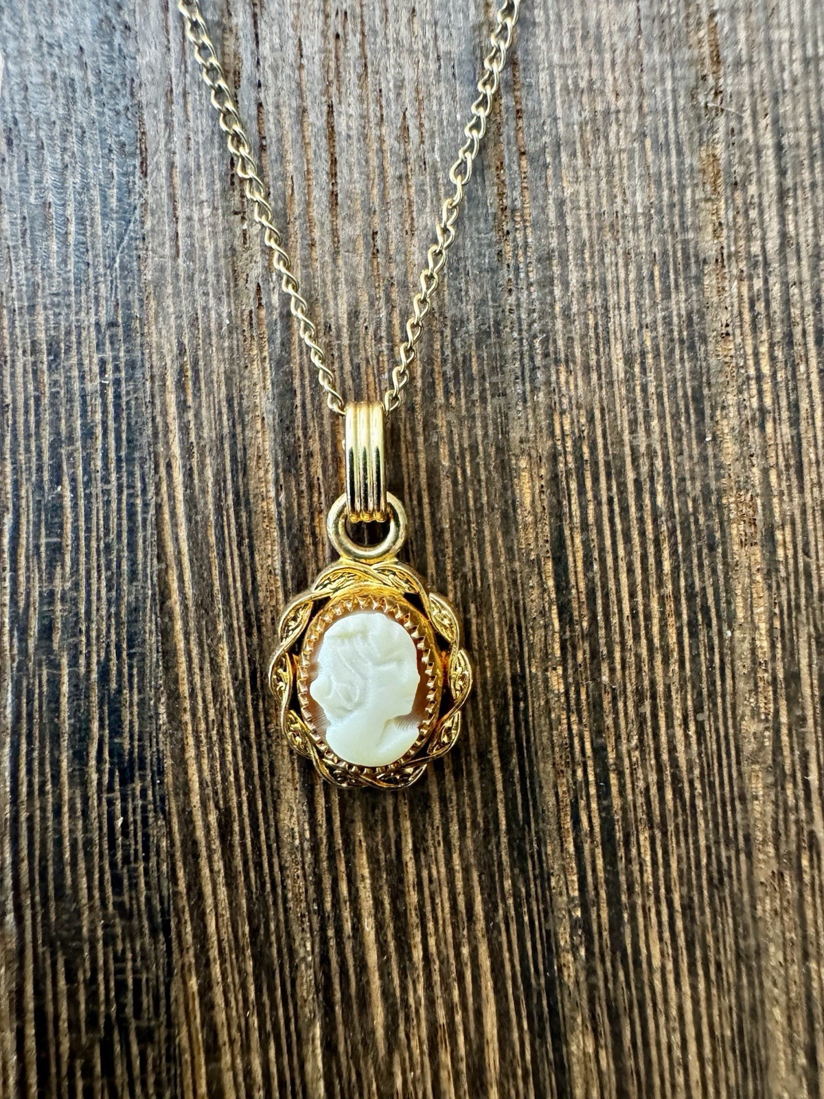 Antique/Vintage 12K GF Carved Shell Cameo Pendant Necklace In Box