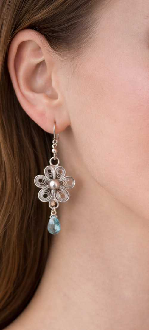 Ornate Vintage Style Filigree Aquamarine Flower Dangle Earrings Sterling Silver