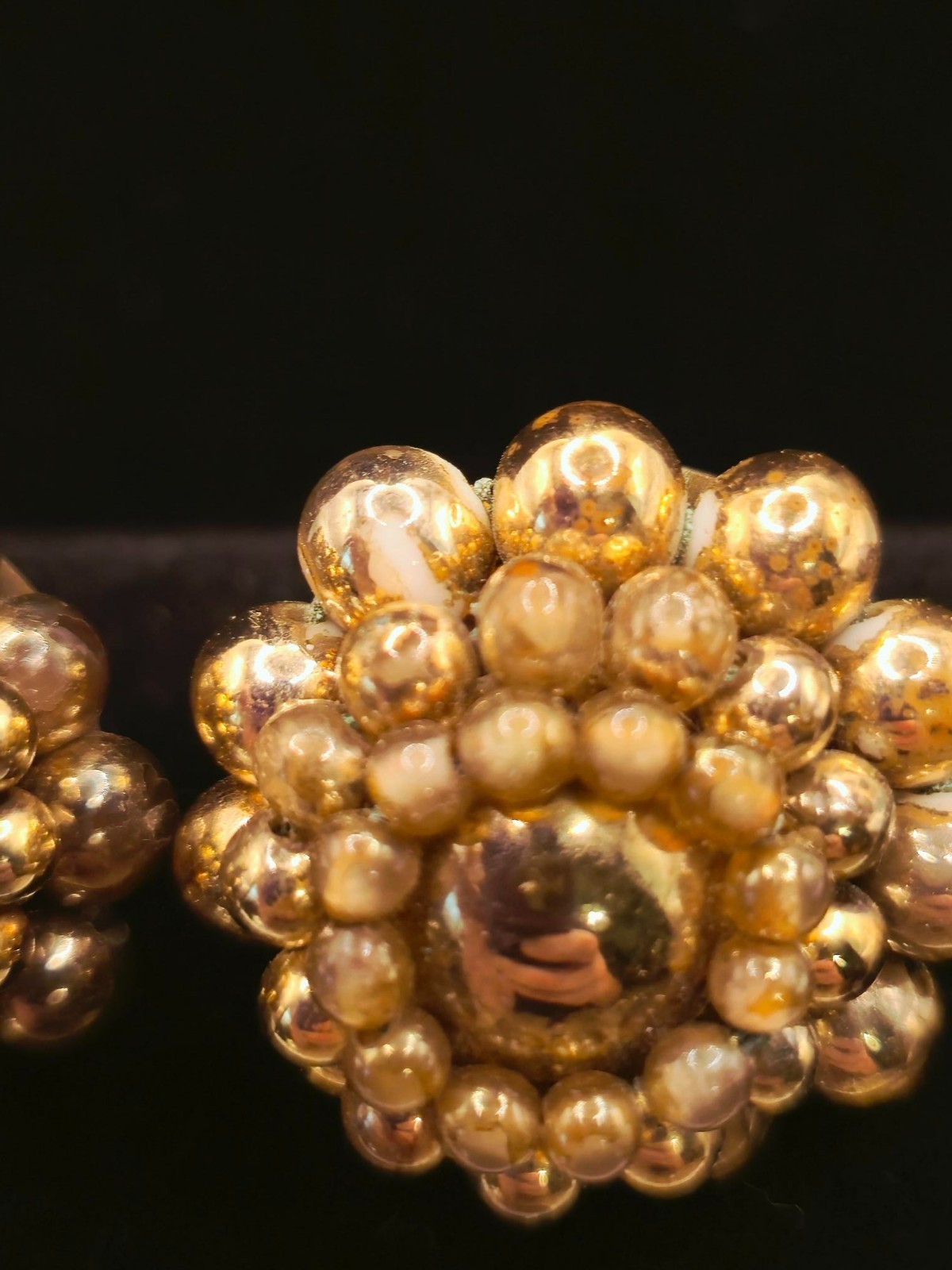 Vintage Japan Gold Tone Cluster Earrings Flower Sunburst Textured Bead Textured