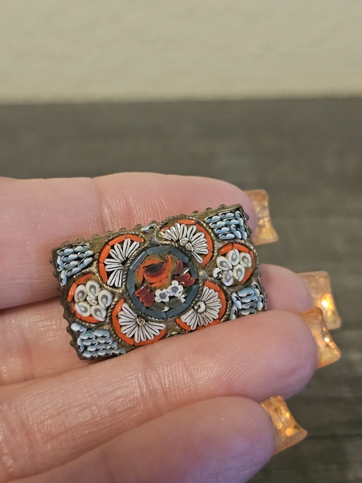 Vintage Micro Mosaic Brooch Pin Rectangle Floral Glass Italy BP