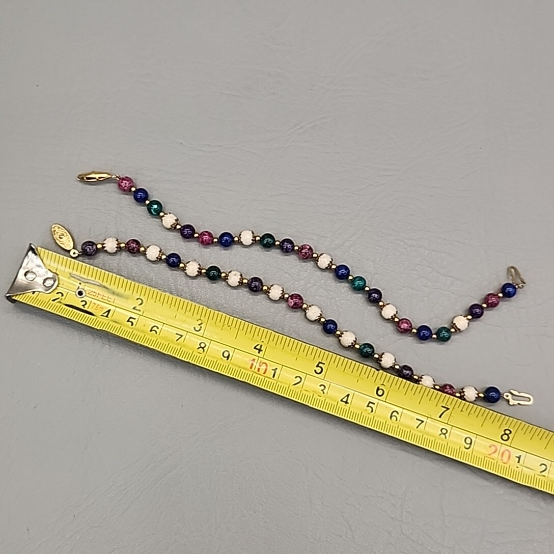 Glass Beaded Bracelet Lot of 2 Multicolor Green Blue Purple 8″