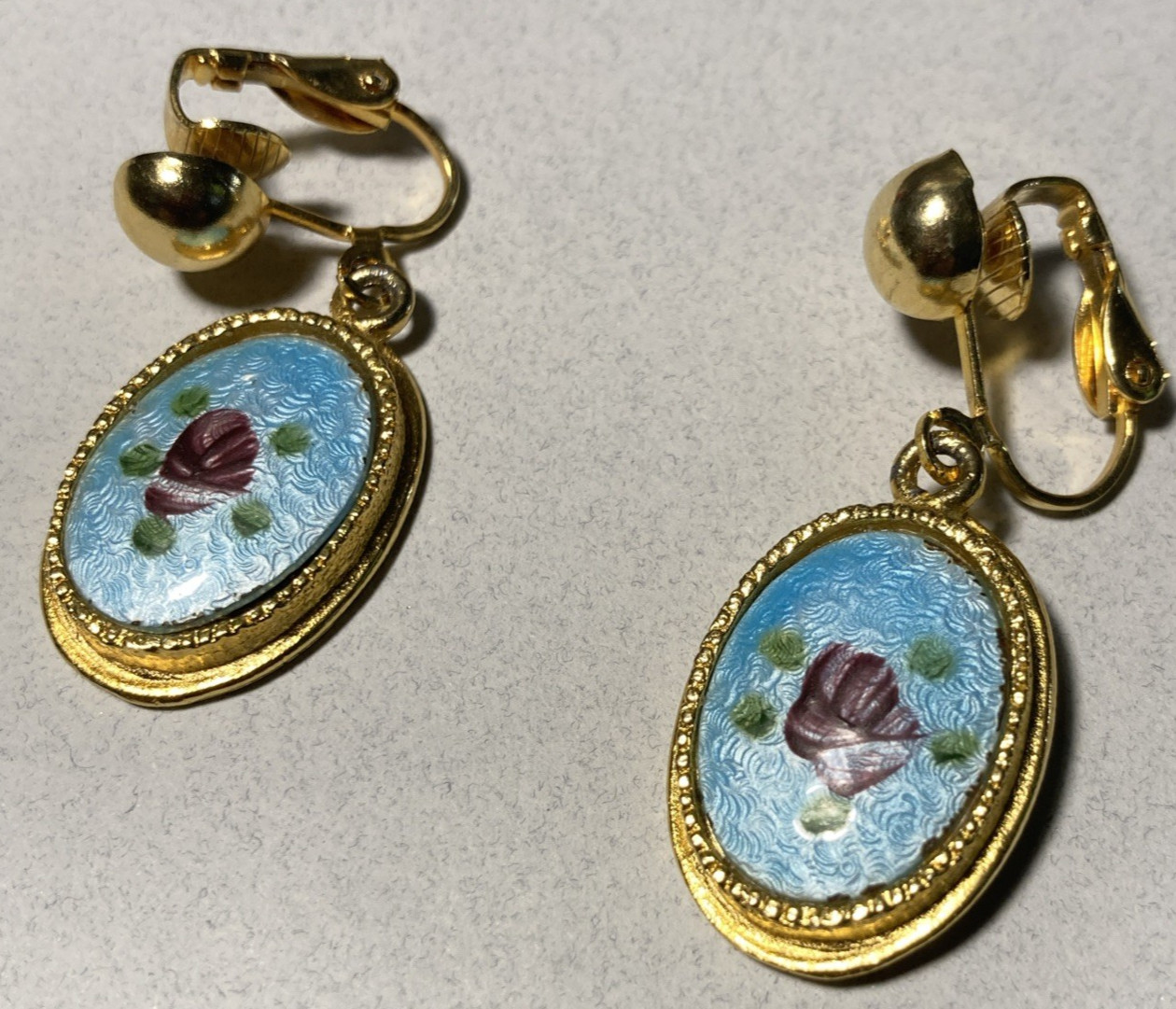 OOAK Hand-Painted clip on Rose Floral Earrings Gold Tone Framed oval 1.55″ O