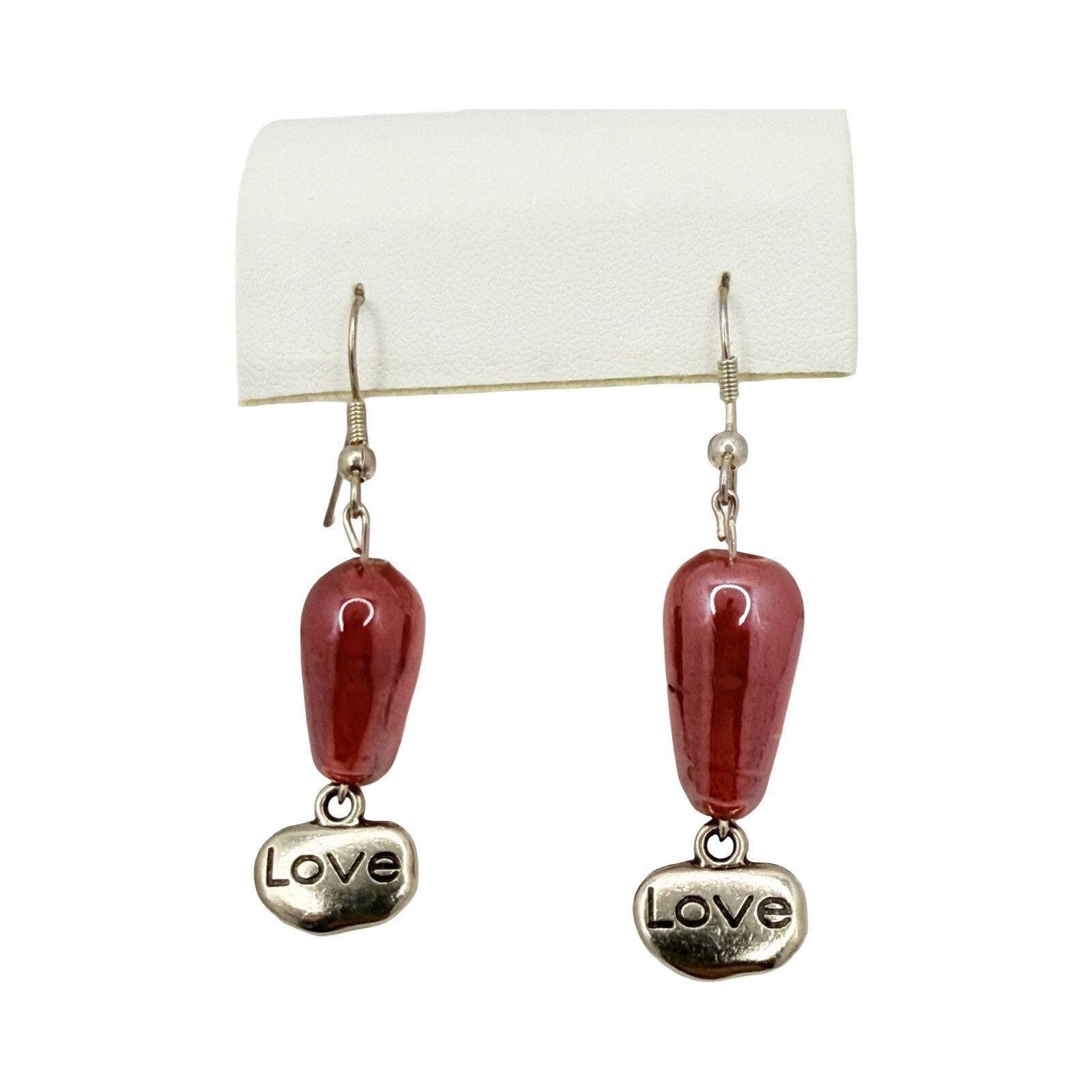 Red Earrings Art Glass Dangle 2” Beaded Love Charm Valentines Day