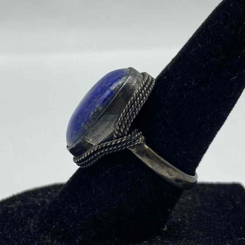 Sterling Silver 925 Oval Lapis Lazuli Cabochon Ring Rope Bezel Vintage Size 5.5
