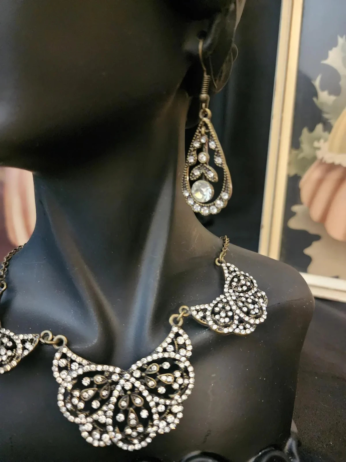 Vintage Rhinestone Filagree Bronze Jewelry Set
