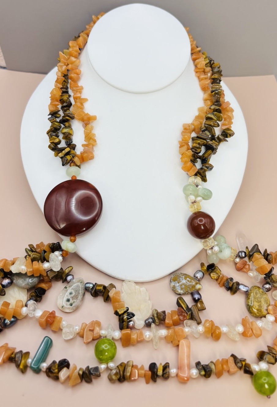 Vintage Natural Gemstone Multi Strand Boho Tigers Eye Carnelian Pearl 28”