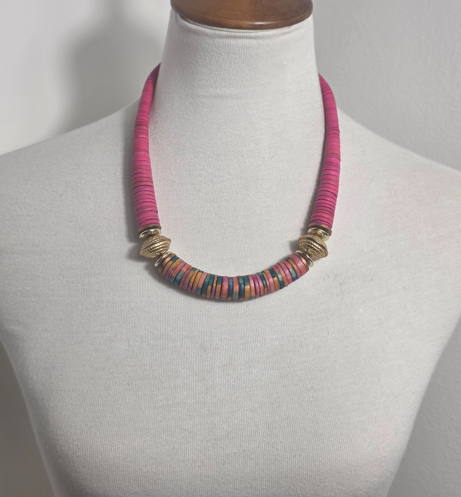 Bohemian-Style Statement Necklace Bright Pink & Colorful Multicolor Heishi Beads