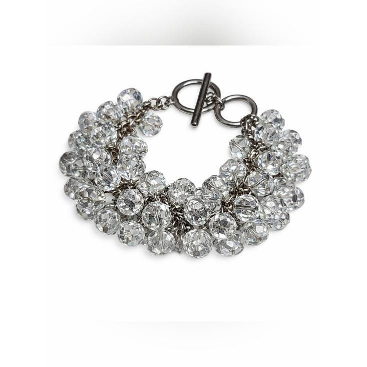 Vintage Clear Faceted Bead Cluster Bracelet Silver Tone Cha Cha Style Toggle 7.5