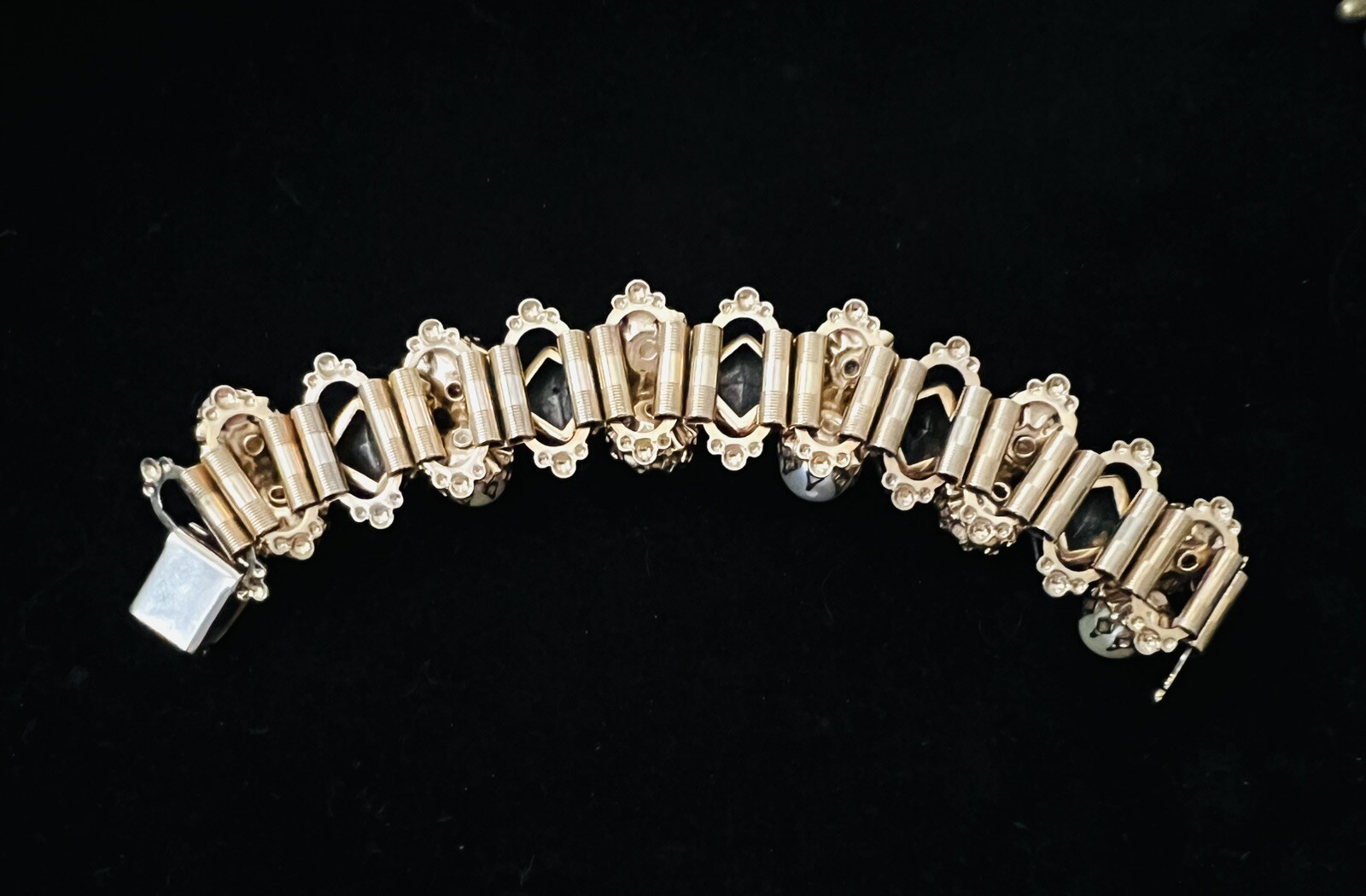 Victorian Revival Gold Tone Multicolored Rhinestone & Pearl Book Chain Bracelet
