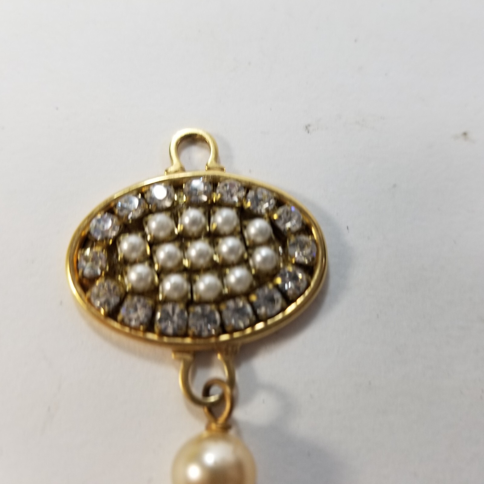 Vintage Prong Set Rhinestone Dangle Faux Pearl Pendant Gold Tone Crystal