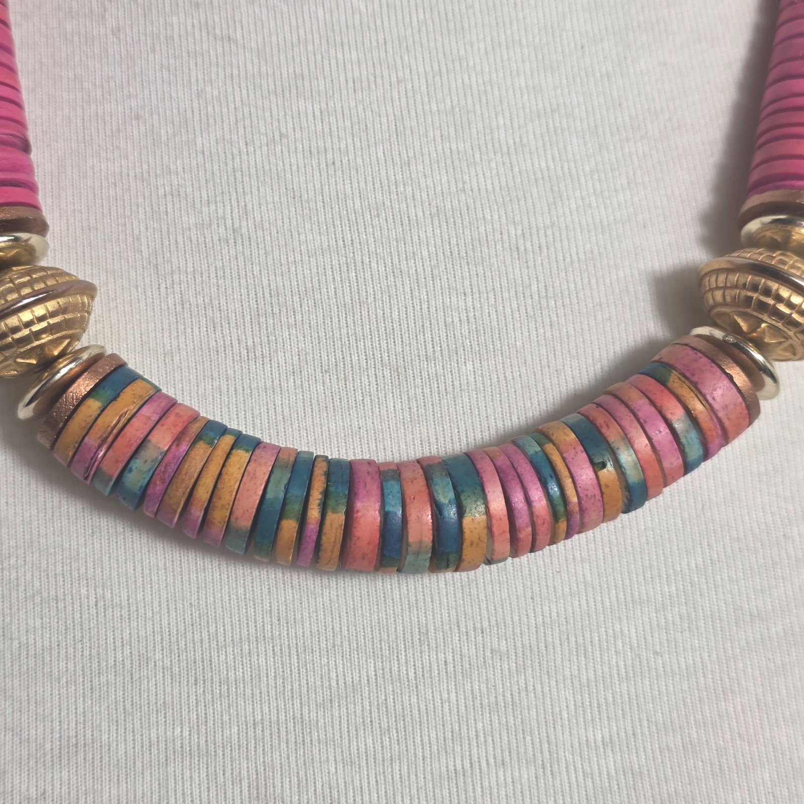Bohemian-Style Statement Necklace Bright Pink & Colorful Multicolor Heishi Beads
