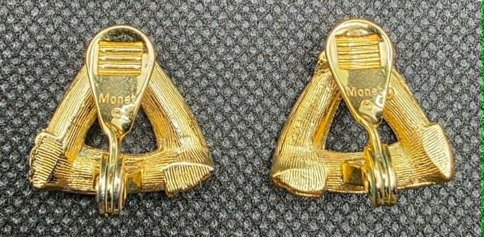 RARE! NICE! Vintage Monet Clip On Earrings Gold Tone Rhinestone Triangle Crystal