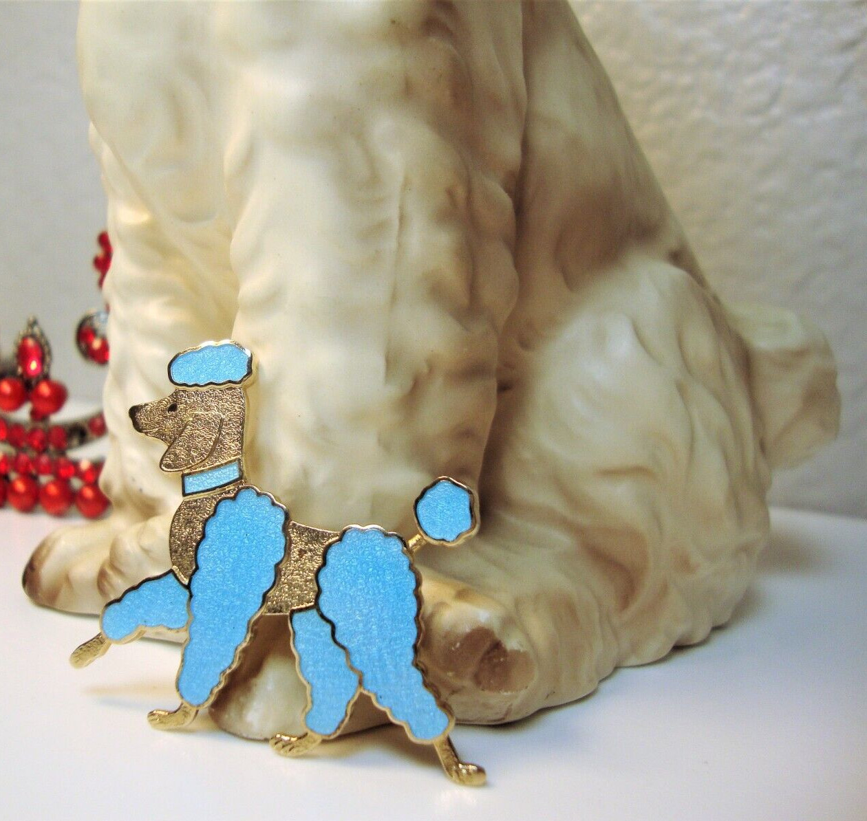 Blue Enamel Cloisonne/Guilloche Goldtone Poodle Brooch & Poodle Statue-Figurine