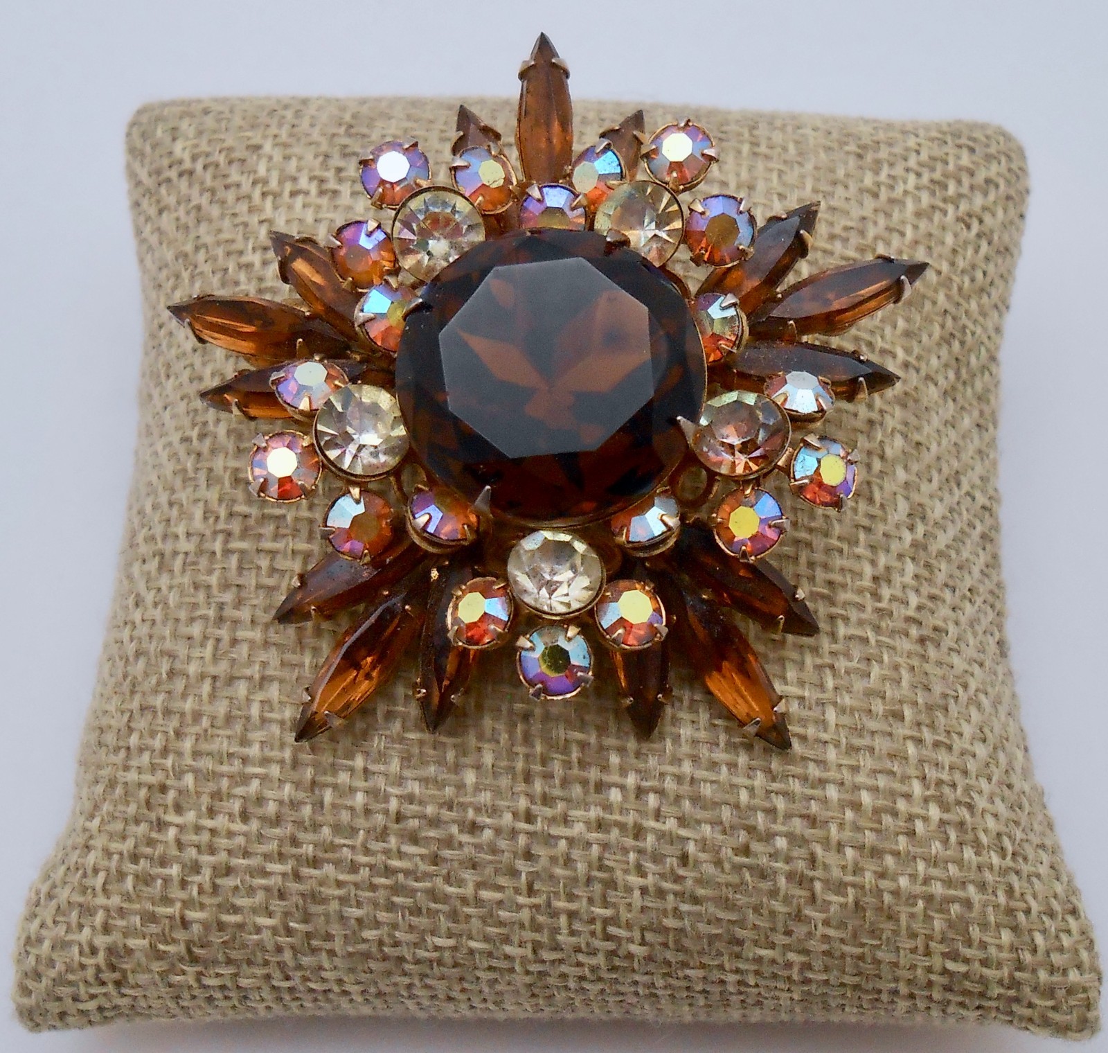 Vintage Brown AB & Clear Glass Rhinestone Layered Starburst Brooch Pin CJ83