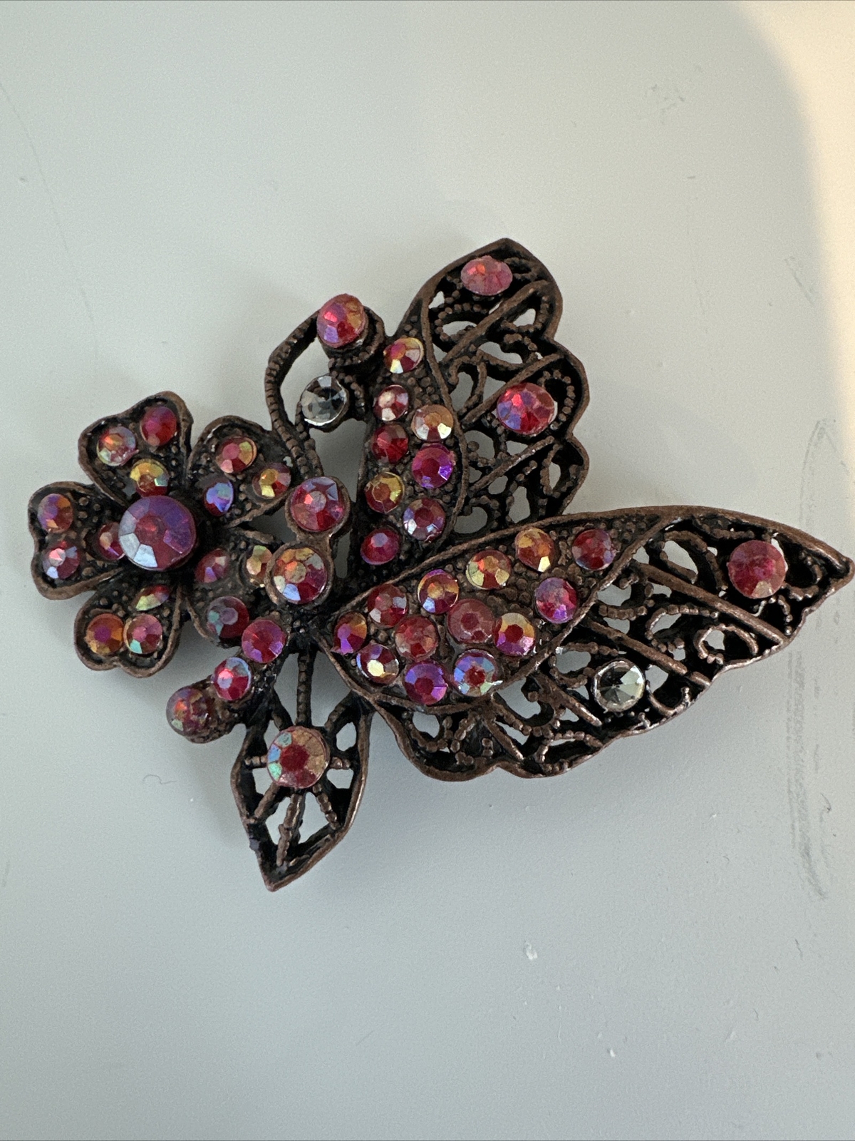 Vintage Flower Butterfly Crystal Pink Glass Marquise Gold Tone Statement Brooch