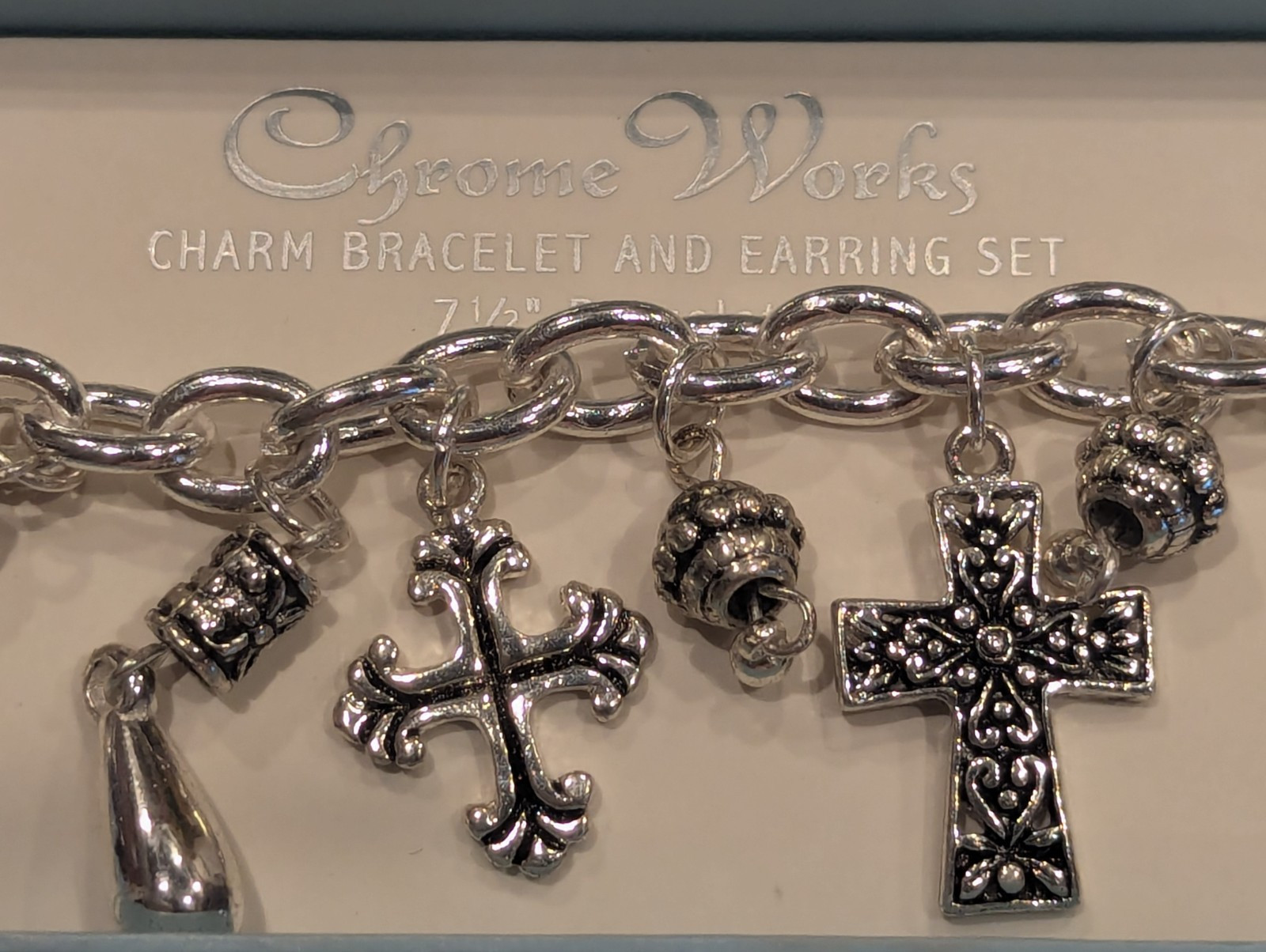 Vintage Religious Cross Charm Bracelet Set With Earrings, Nickel Free 7 1/2″
