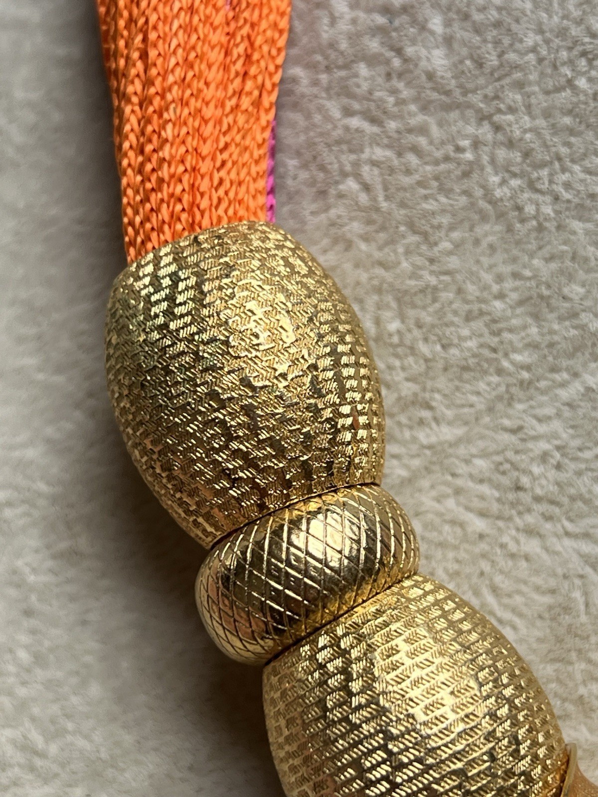 Vintage Cadoro Gold Tone Rings On Pink Orange Embroidery Floss Necklace 15”