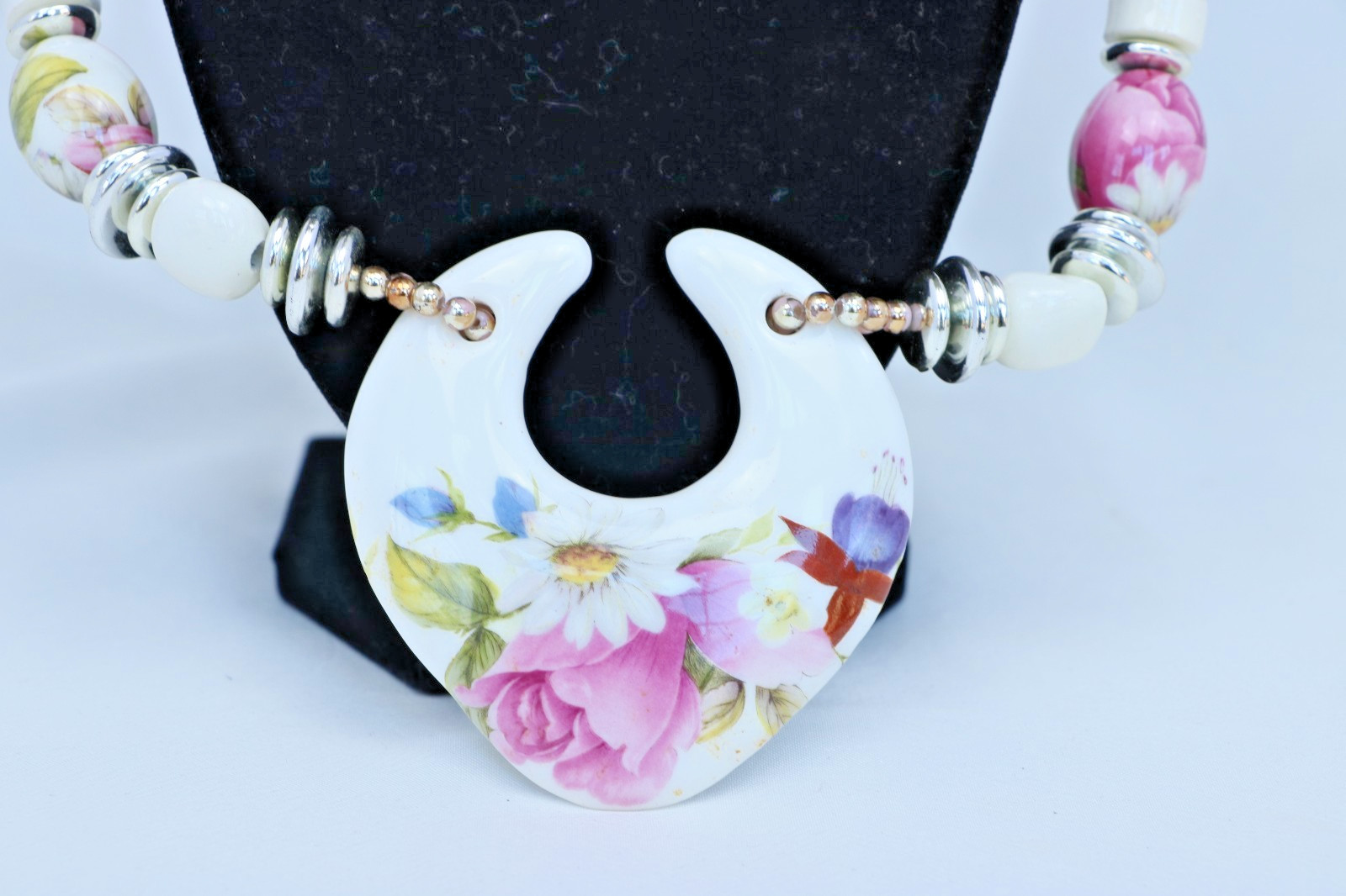 Floral Porcelain Pendant Necklace Faux Pearl Beads Statement Jewelry Pink Rose