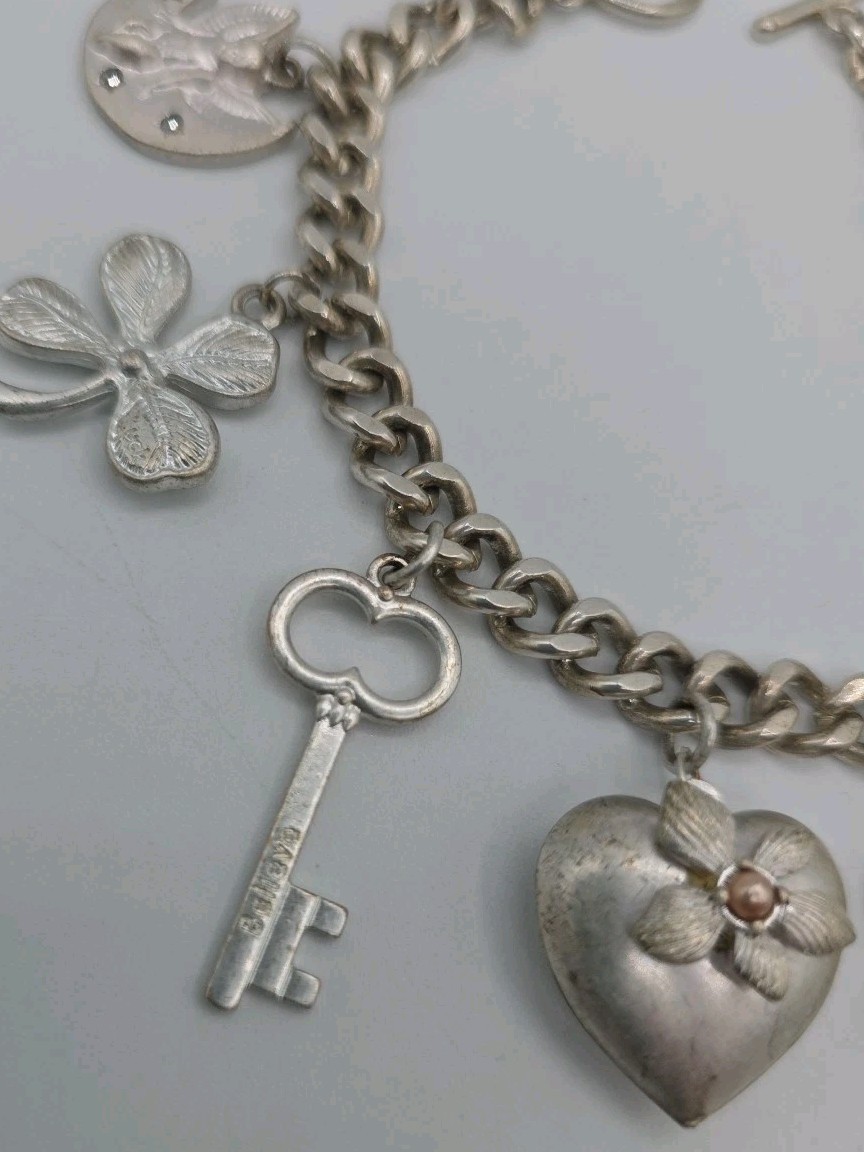 Vintage Silver Tone Chunky Charm Bracelet Heart Key Clover 8″ Cross Love Luck
