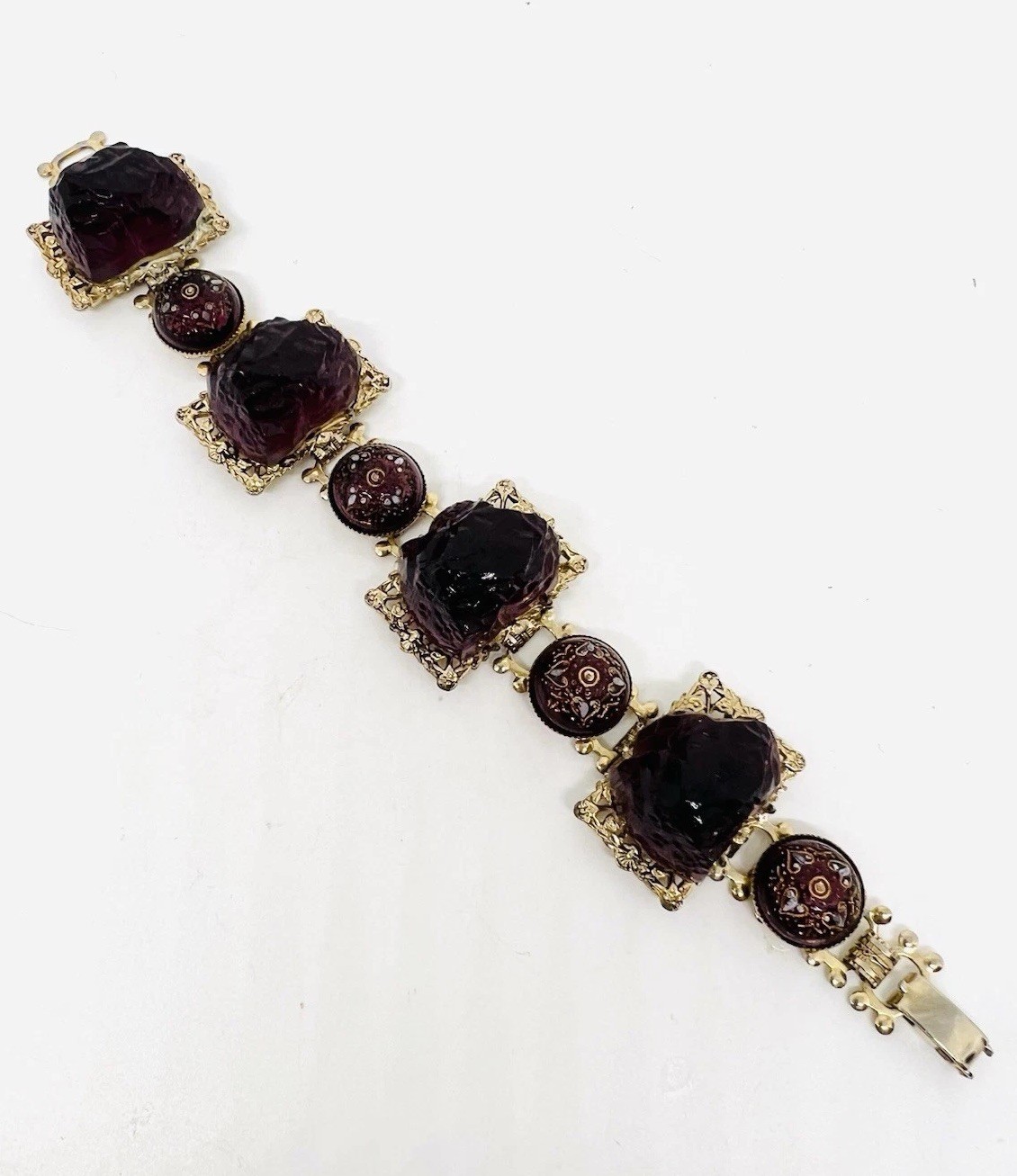 Chunky Purple Molded Glass & Lava Rock 3D Book Chain Bracelet Vintage Jewelry