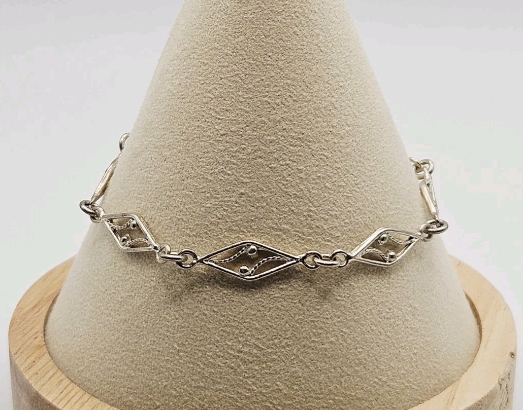 Sterling Silver Vintage Filigree Angled Link 6mm Chain Bracelet 7″