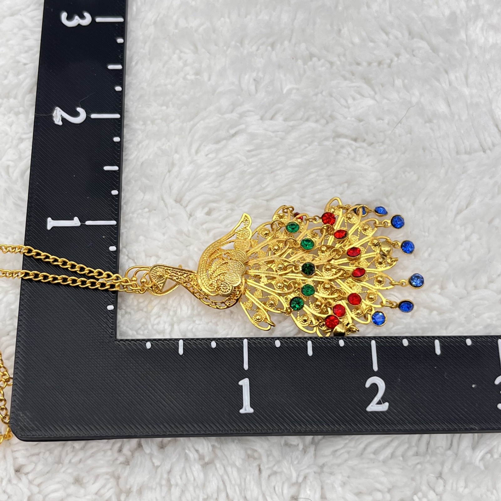 Vintage Peacock Necklace Filigree Pendant Brooch Combo Gold Tone 24″