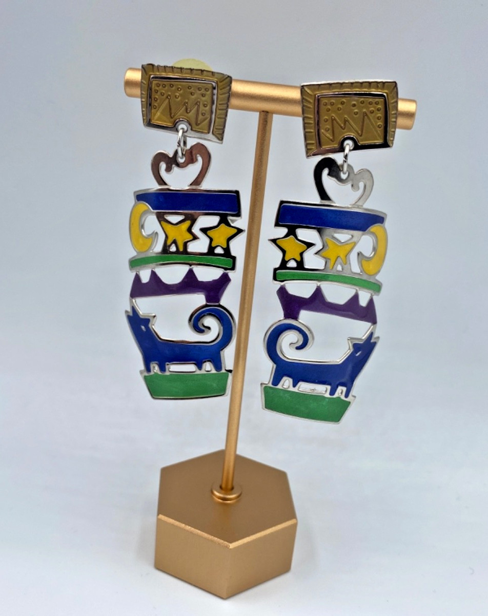 Edgar Berebi Earrings Enamel Silver Tone Metal 2.75” Long Coyote and Moon VTG