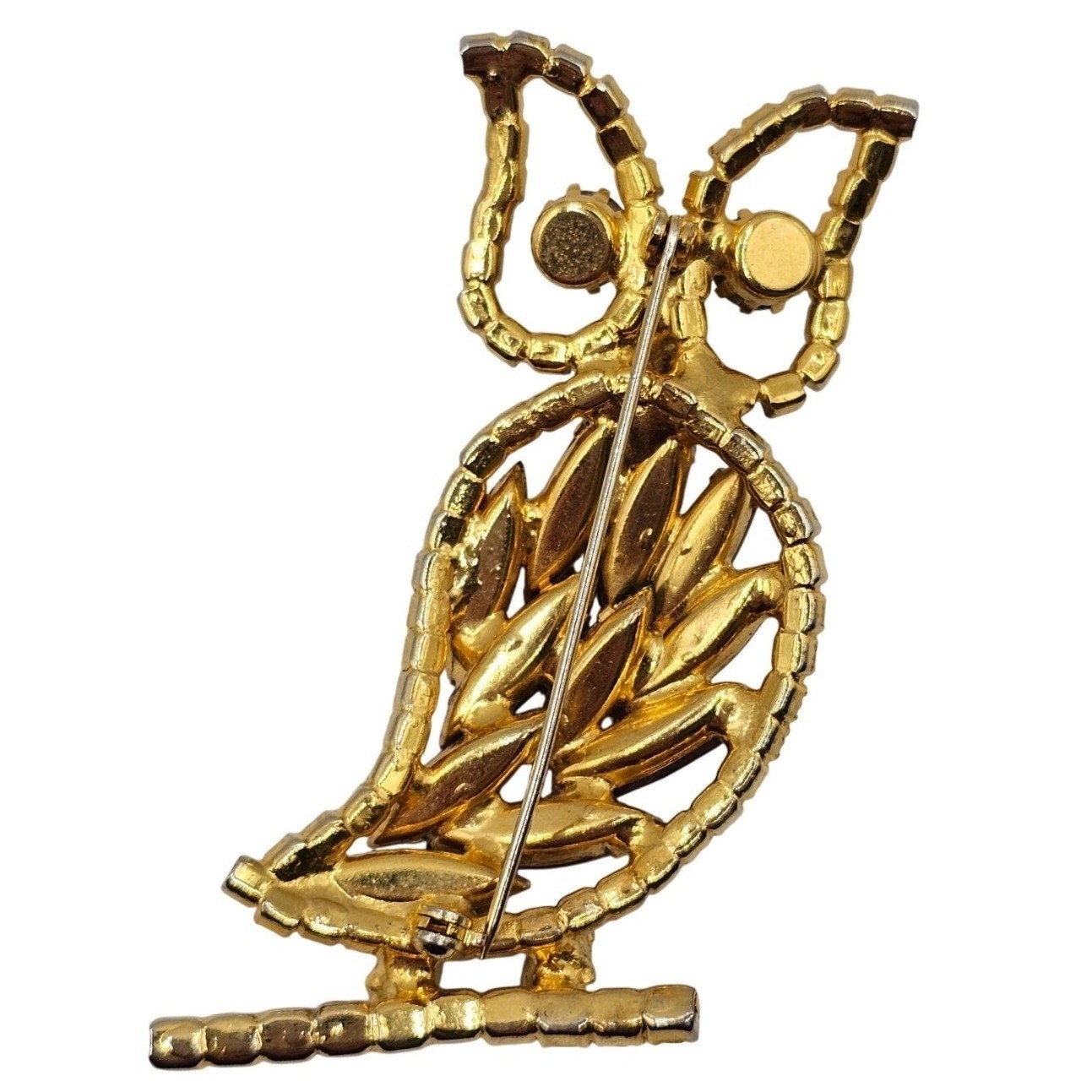 Vtg Rhinestone Owl Brooch Gold Tone Aurora Borealis Figural 2.5″ Pin Woodland