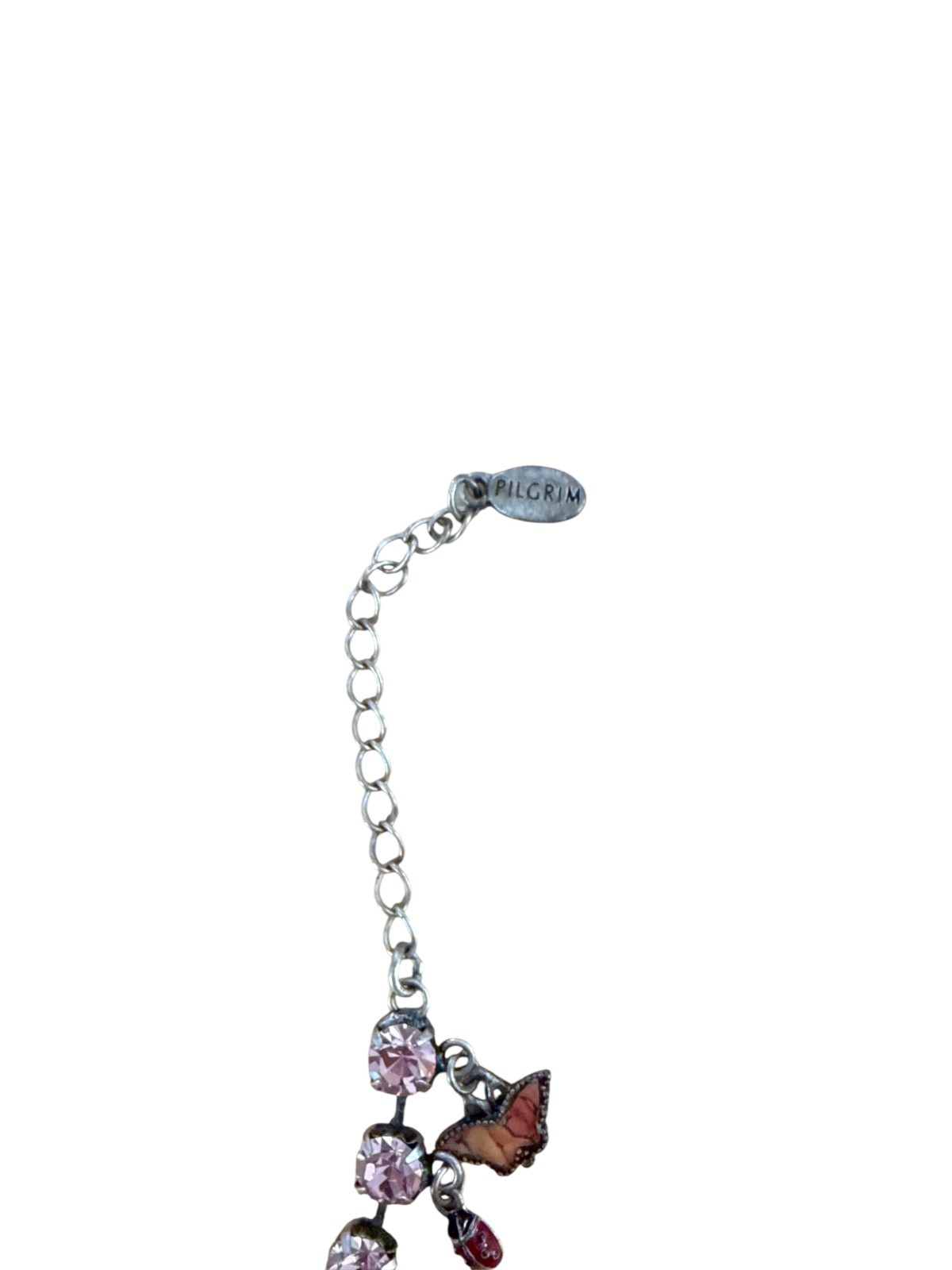 Danish Design Pilgrim Pink Rhinestone Butterfly Dragonfly Flower Silver Bracelet