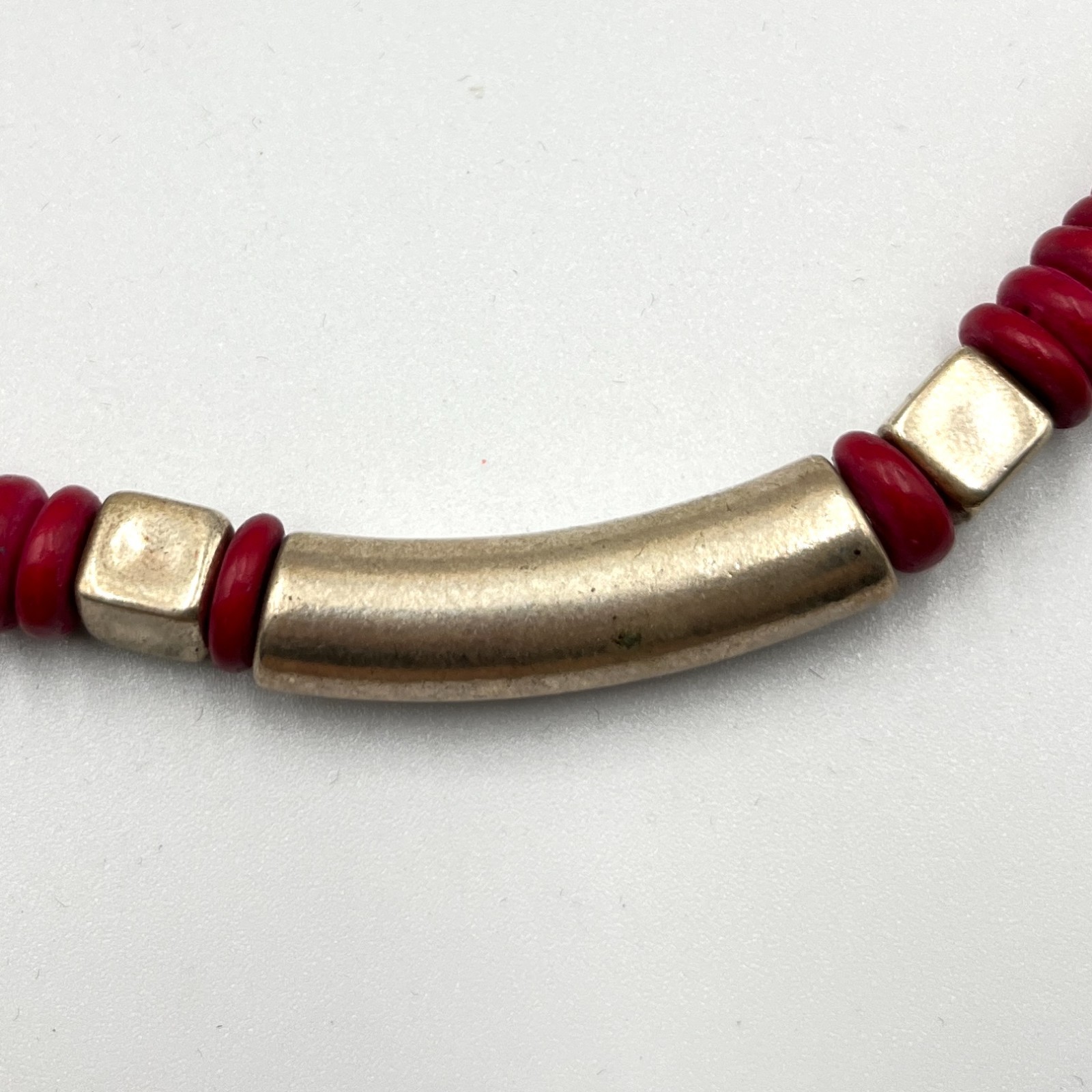 Vintage Southwestern Gold Tone Bead & Red Disc Heishi Statement Necklace Classic