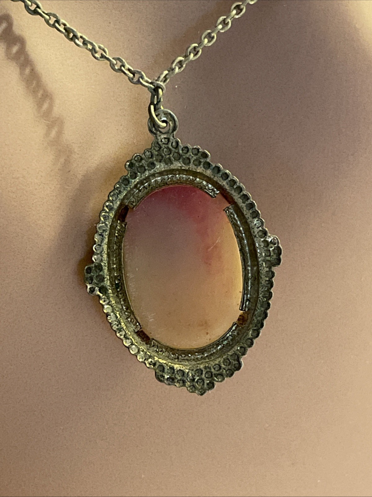 8” Victorian Cabochon Pink And Red Necklace Estate Jewelry Lightweight Oval