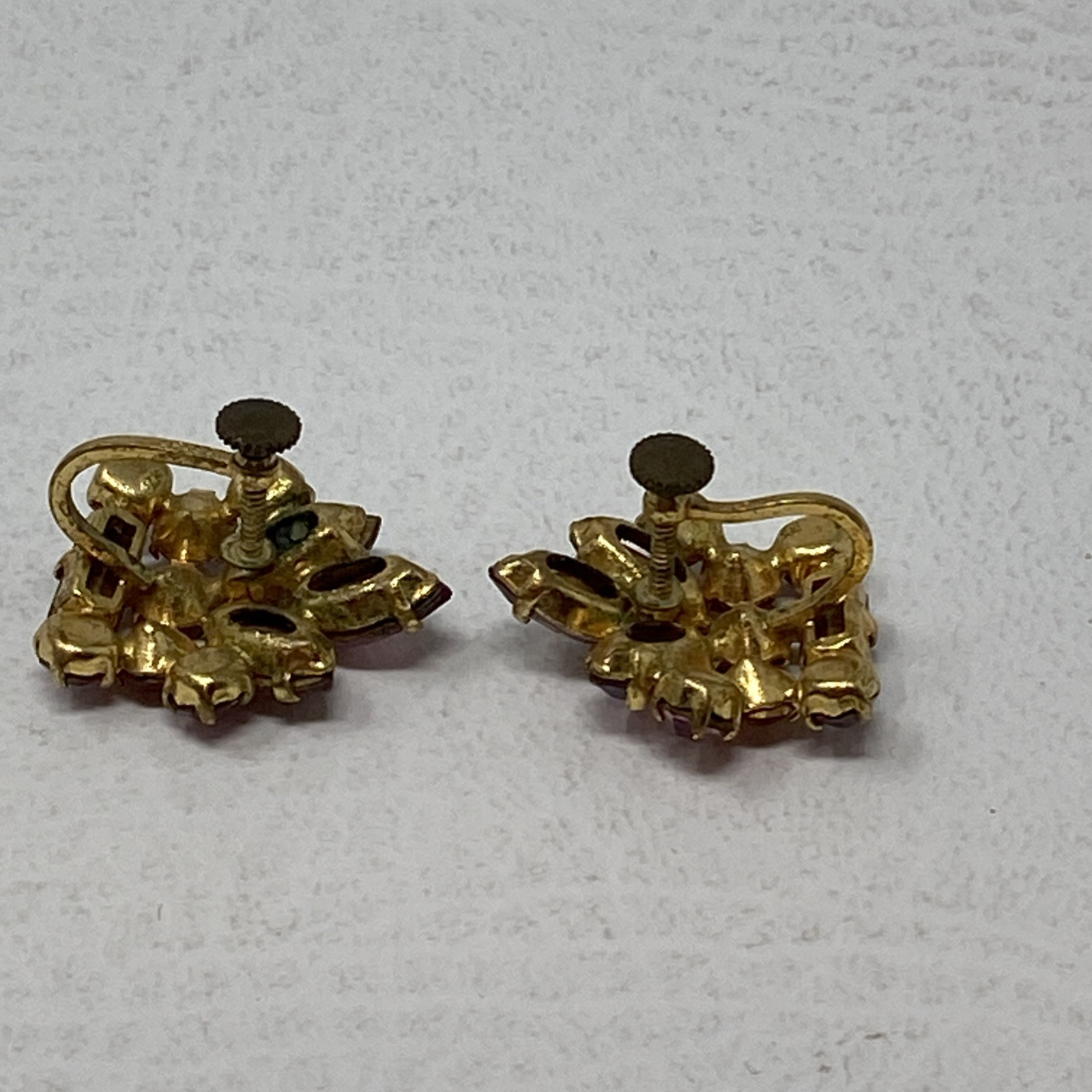 VINTAGE Czech Purple Crystal Rhinestone Clip Earrings Floral Sparkling MCM 60s
