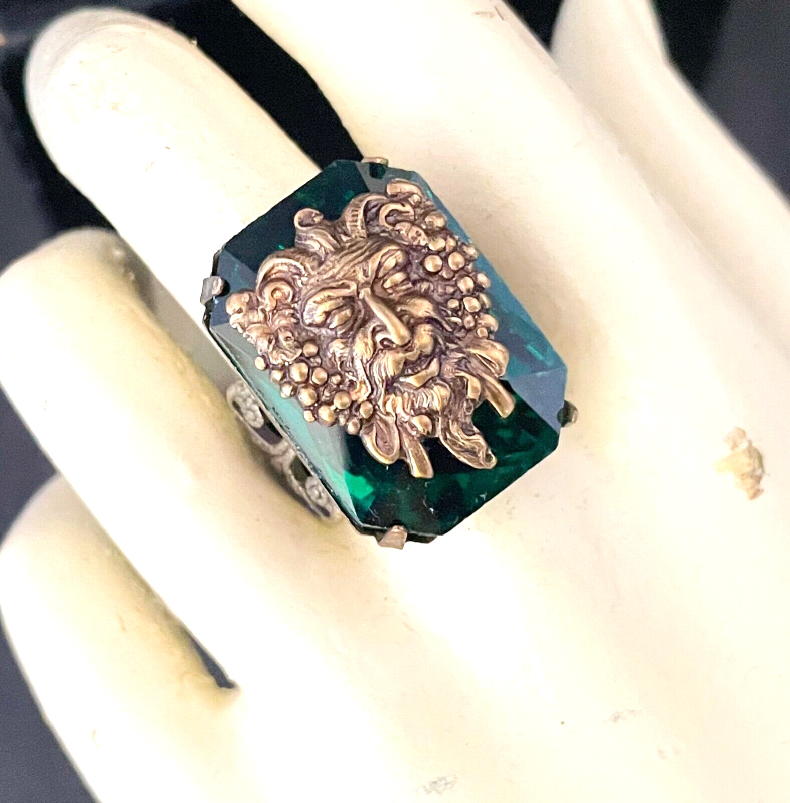 Art Nouveau Ring Green Man Centerpiece Tall Rhinestone Filigree Base