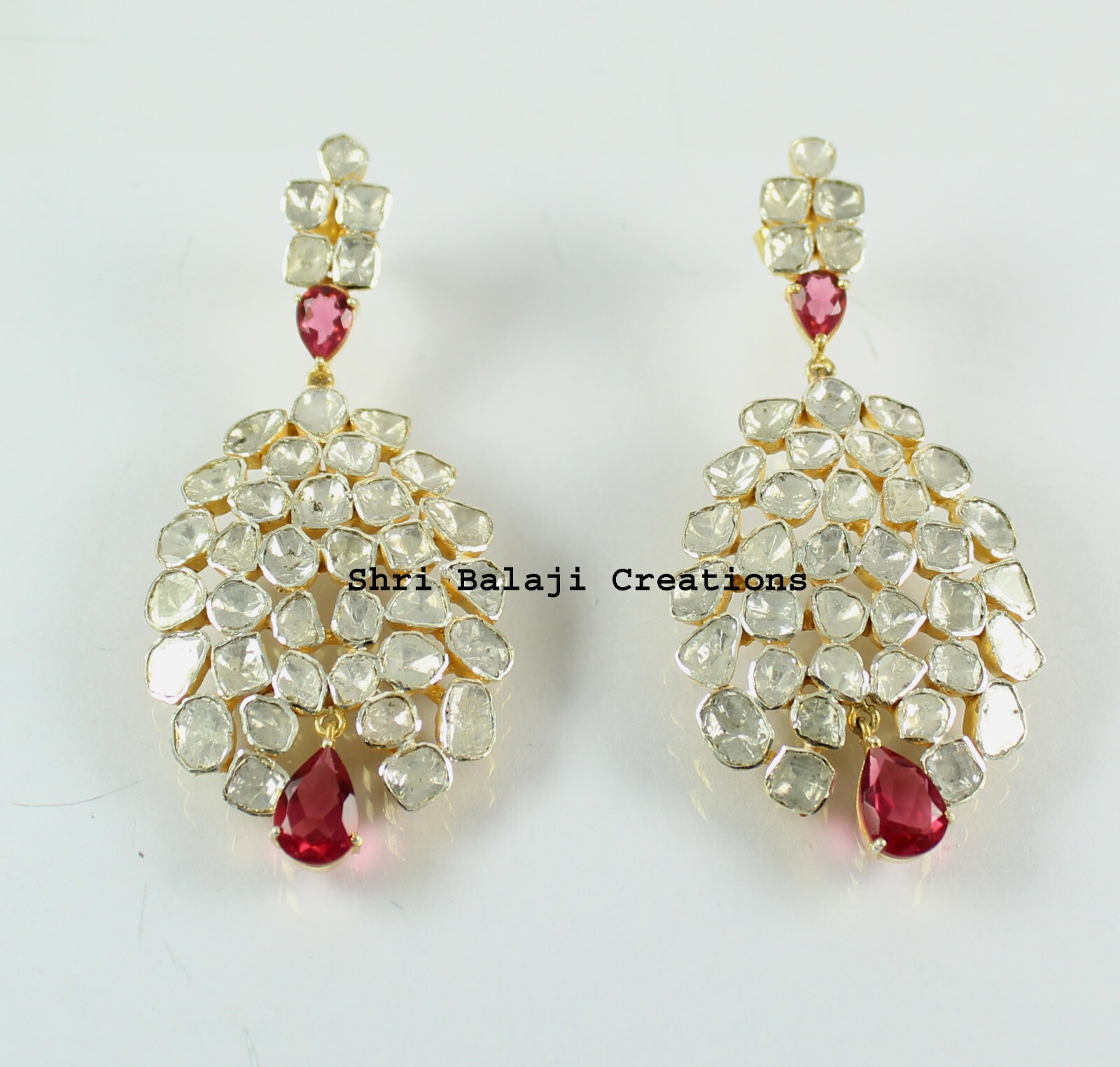 Earring Natural Uncut Diamond Polki Red Quartz 925 Sterling Silver Earring