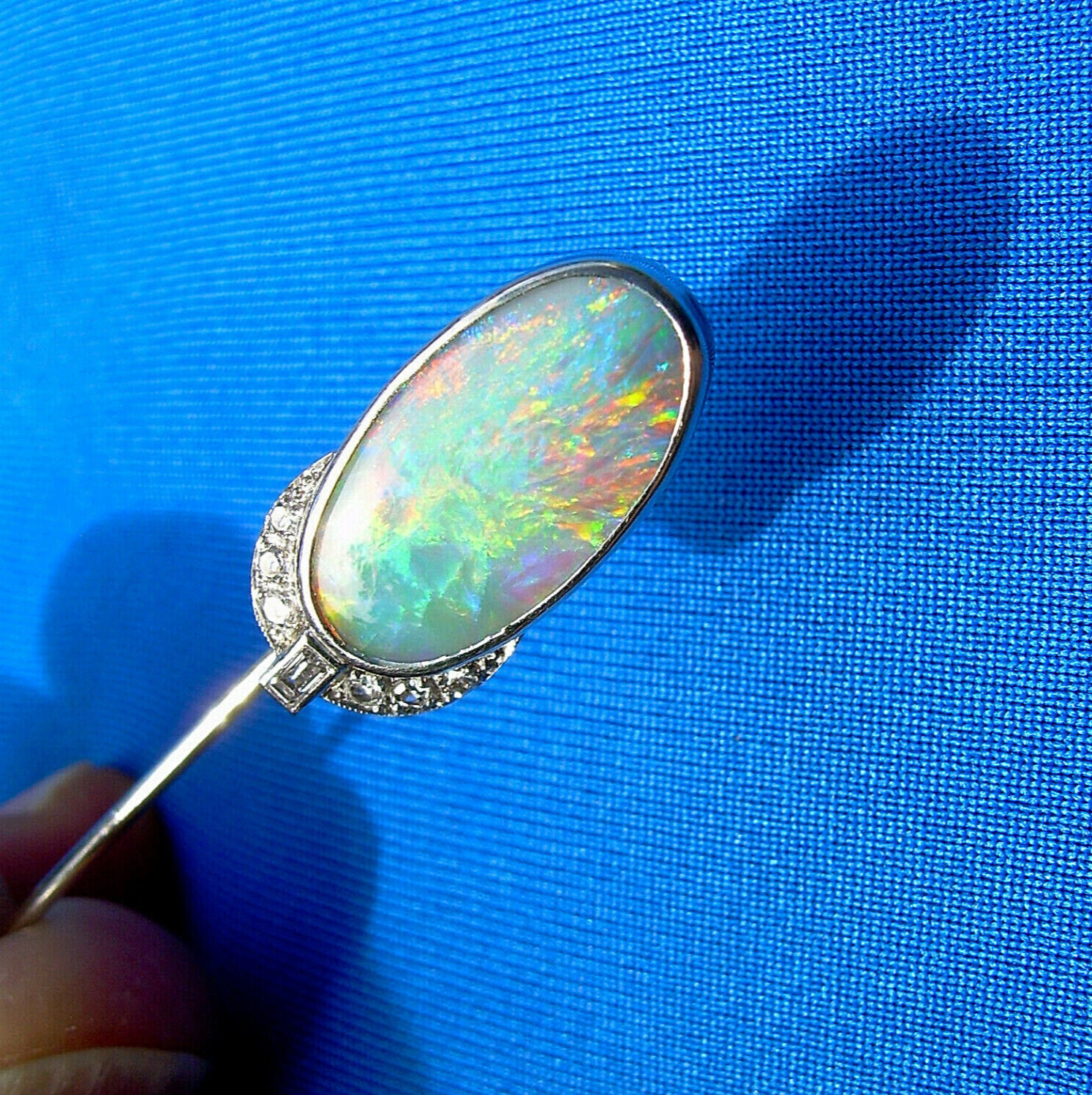 Original EARTH MINED Australian Black OPAL Art Deco DIAMOND Pin Antique PLATINUM